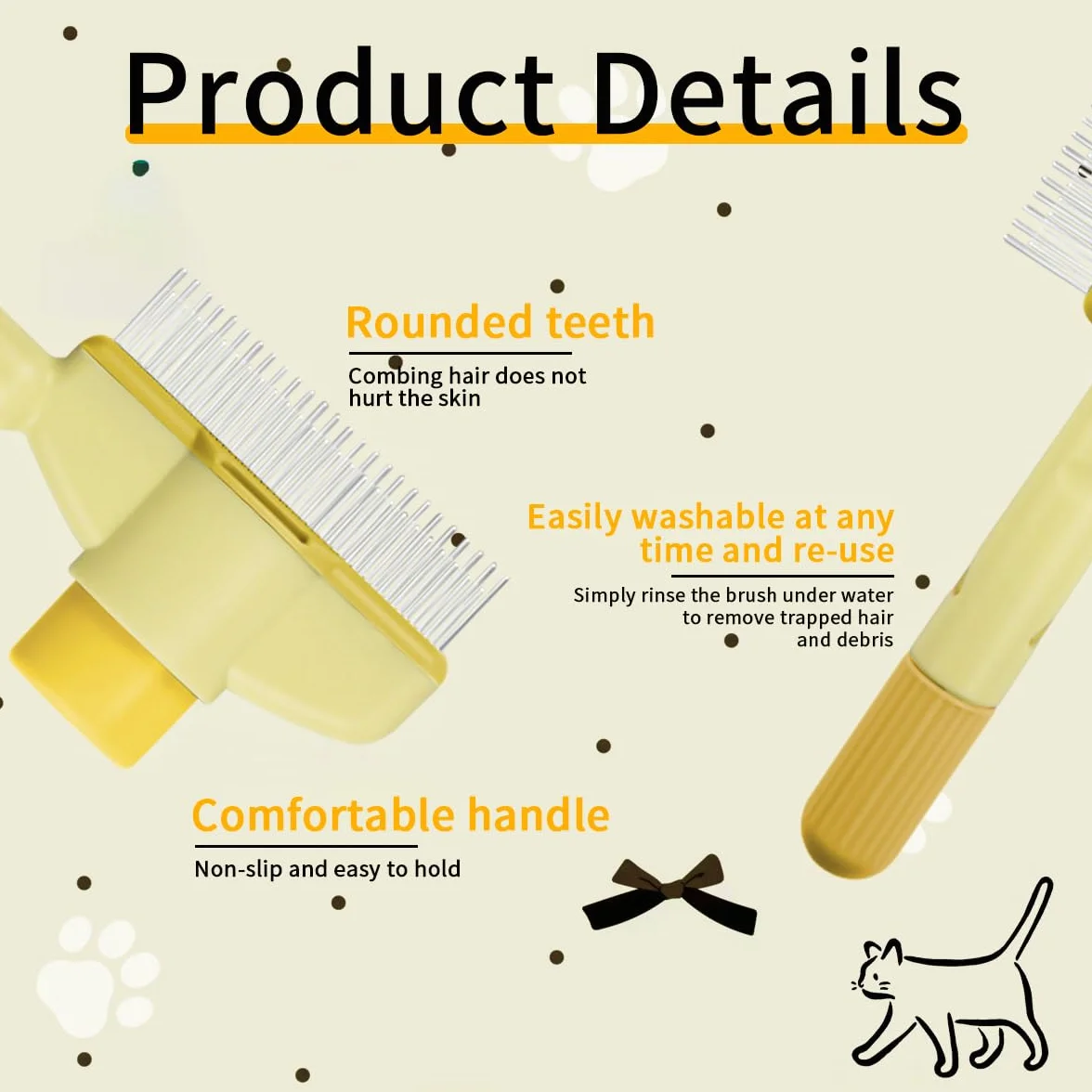 Peigne anti-puces autonettoyant pour chats, brosse de toilettage animaux, avec bouton pour nettoyage rapide (jaune)