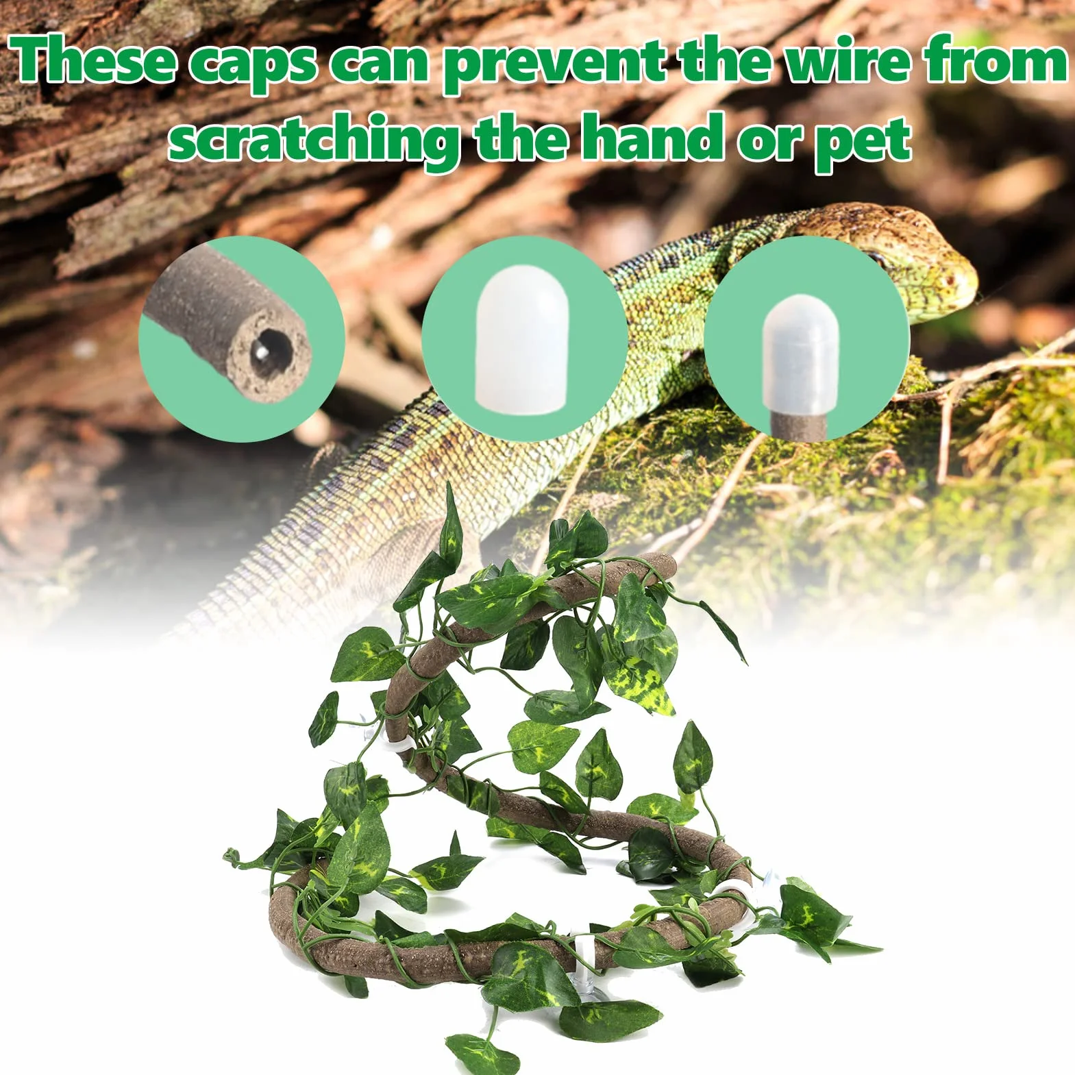 Vignes de Reptiles Artificielles avec Ventouses, Branche d'escalade en Rotin Flexible, 3,28 Pieds avec Feuilles de Scindapsus, pour Serpents