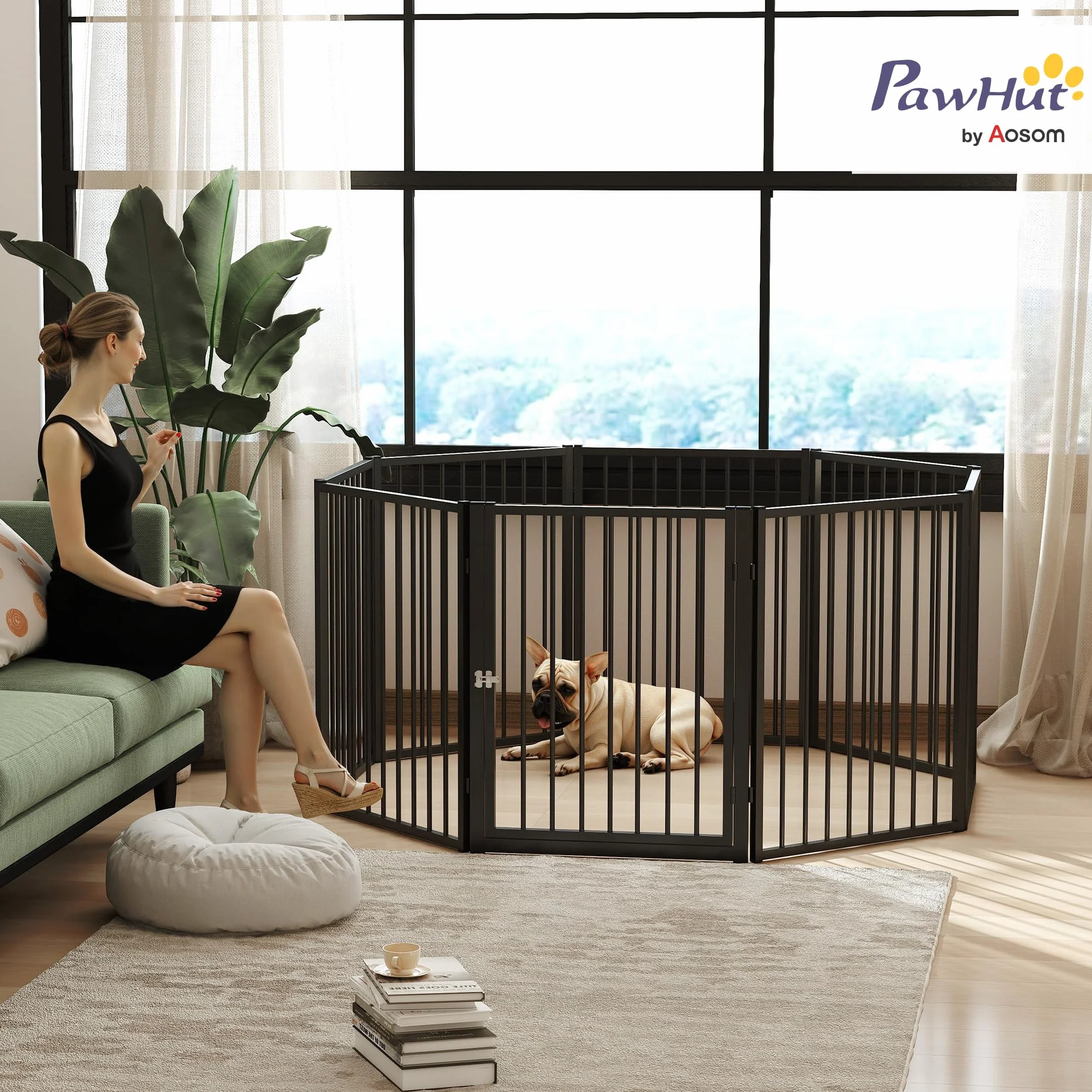 PawHut Parc pour Chien 8 Panneaux modulable Pliable en métal 76H cm avec Porte Noir