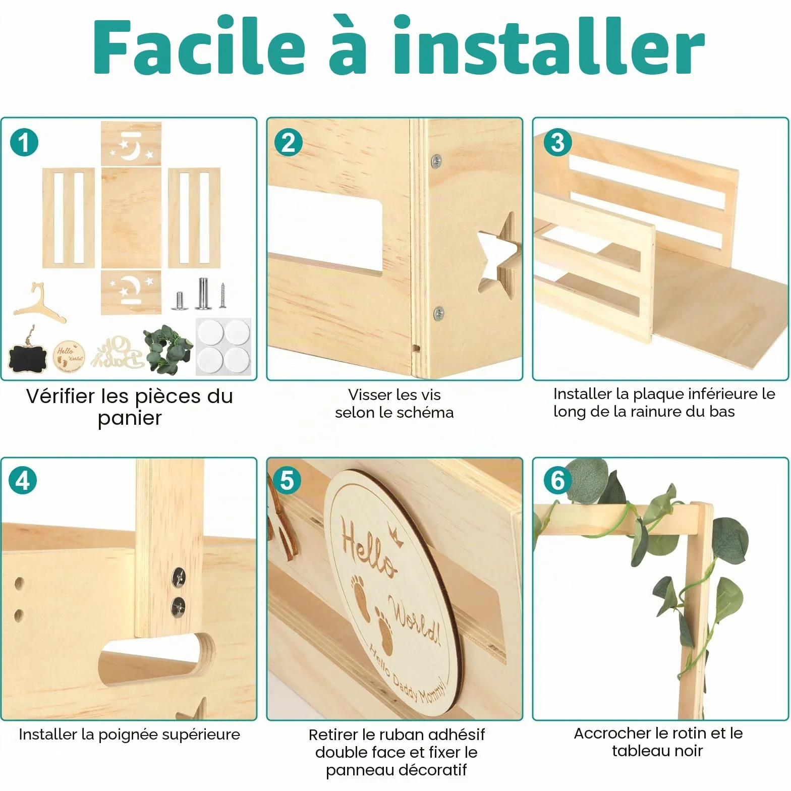 Panier Cadeau En Bois avec Poignée, Rangement Bébé 6 Cintres, Caisse en Bois Baby Shower