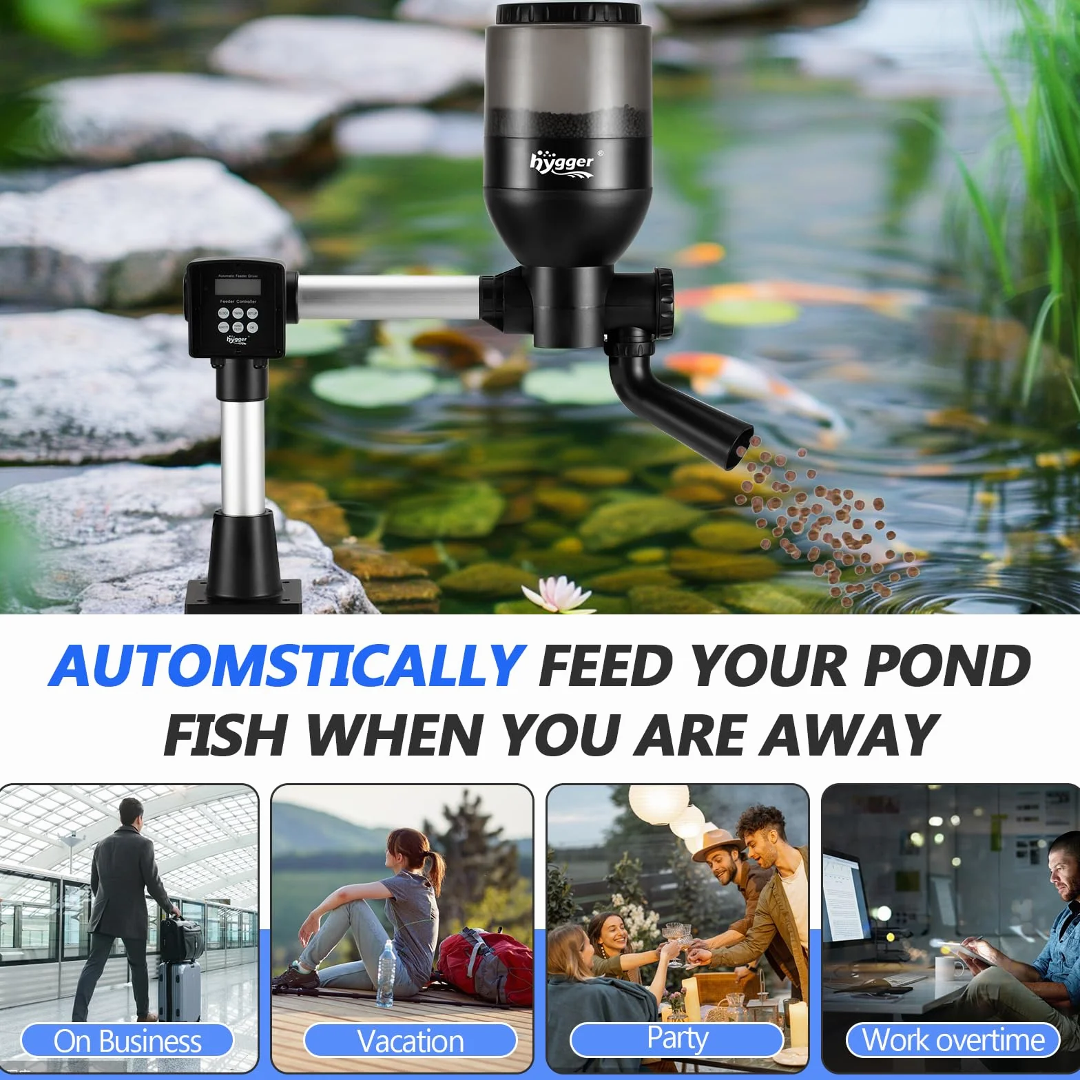 hygger Distributeur Automatique pour étang,Large Programmable Mangeoire Automatique pour Poisson avec LCD Display Controller, 5.5 Liters Pond Fish Feeder Koi Feeder for Weekend Holiday