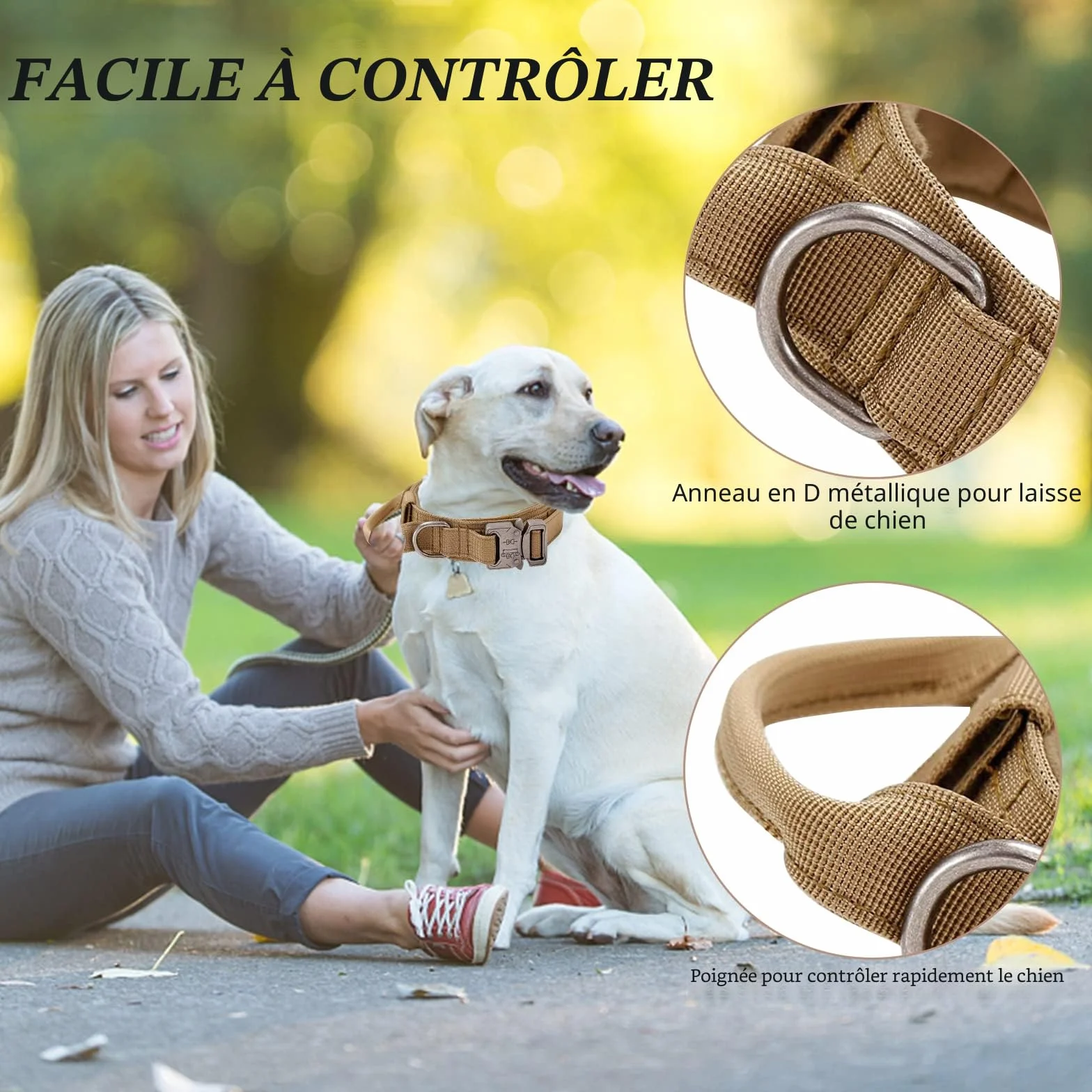 Collier de Chien Tactique Militaire en Nylon Réglable avec Poignée de Commande et Boucle Métal