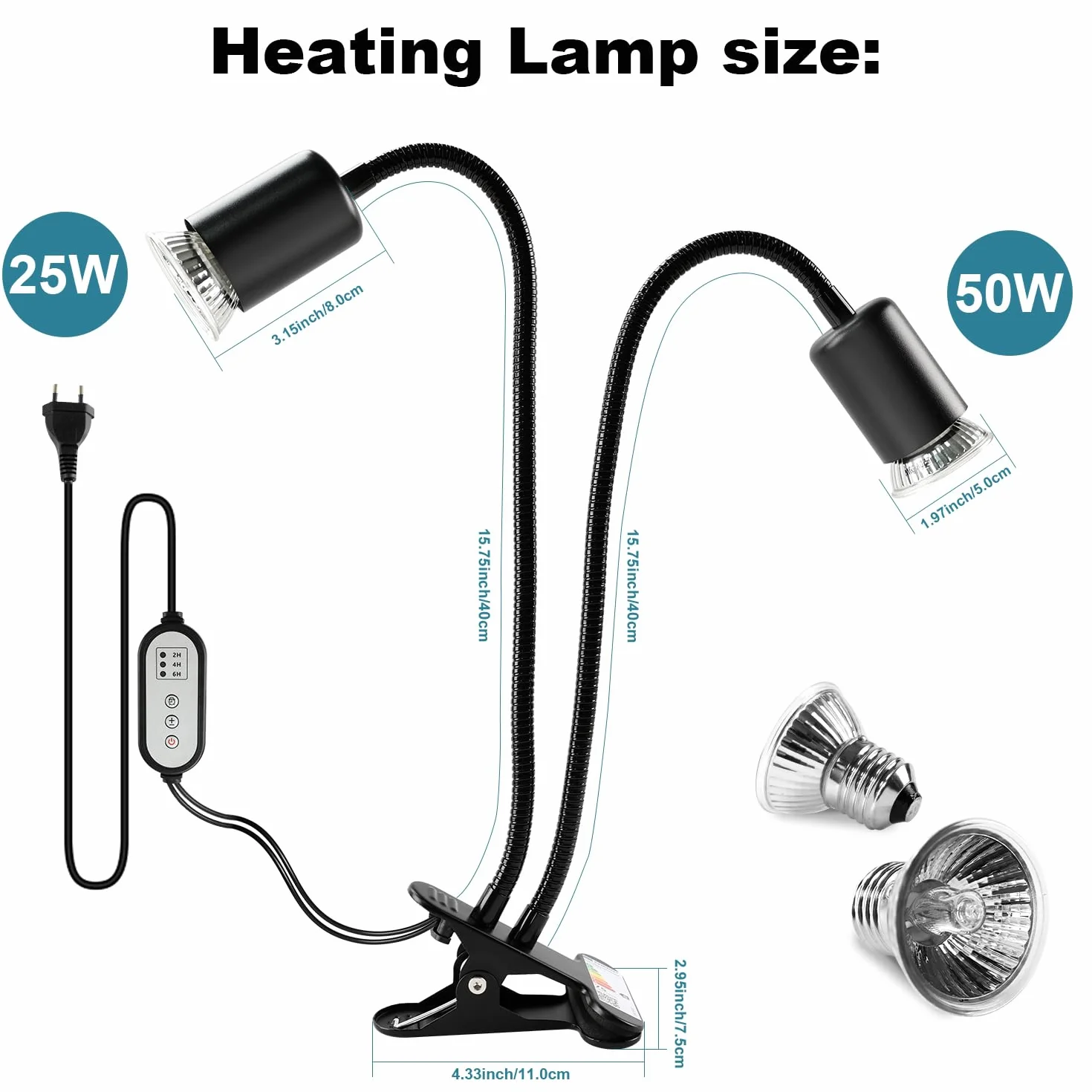 Lampe Chauffante Tortue à Deux Têtes 25W+50W Reptiles E27 UVA+UVB avec Minuterie Noir