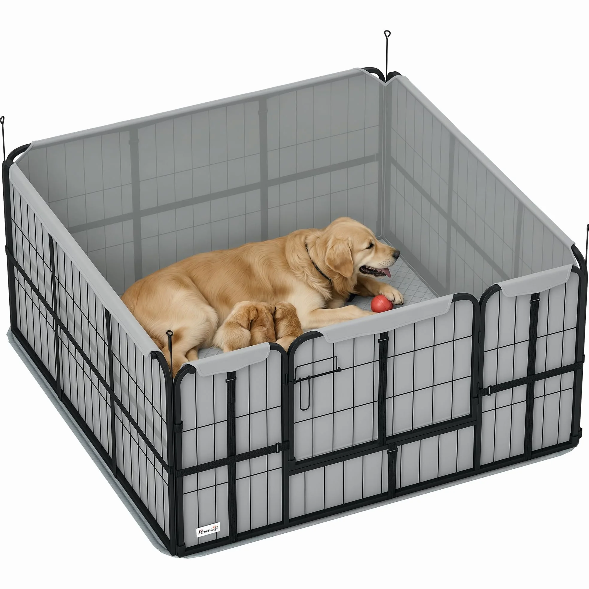 PawHut Parc de Mise Bas pour Chien, Caisse de Mise Bas pour Chiens, avec Porte verrouillable, Tissu Oxford 600D, Tapis de propreté Lavable, enclos Chien, en Acier, 122 x 122 x 60 cm, Noir | Caisse de Mise Bas, Porte Verrouillable, Tissu Oxford 600D, Tapis