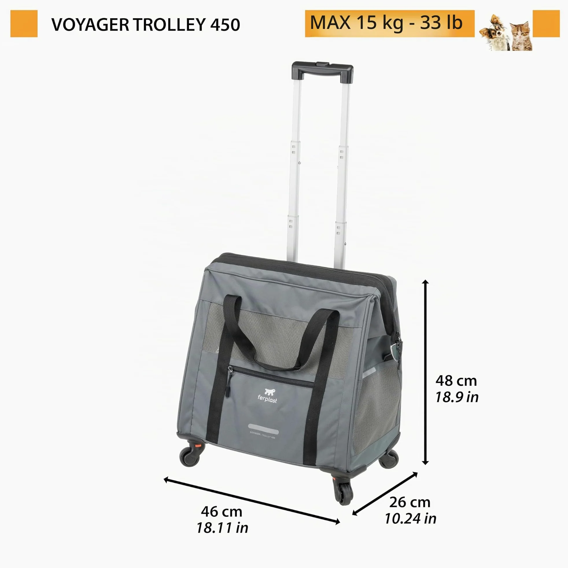 Ferplast Sac de Transport pour Chat Voyager Trolley, Sac Transport Chien, Poignée Extensible, Sangles Réglables, Large Ouverture, Roues Amovibles, Max 15 kg, 46 x 26 x 48H cm, Gris