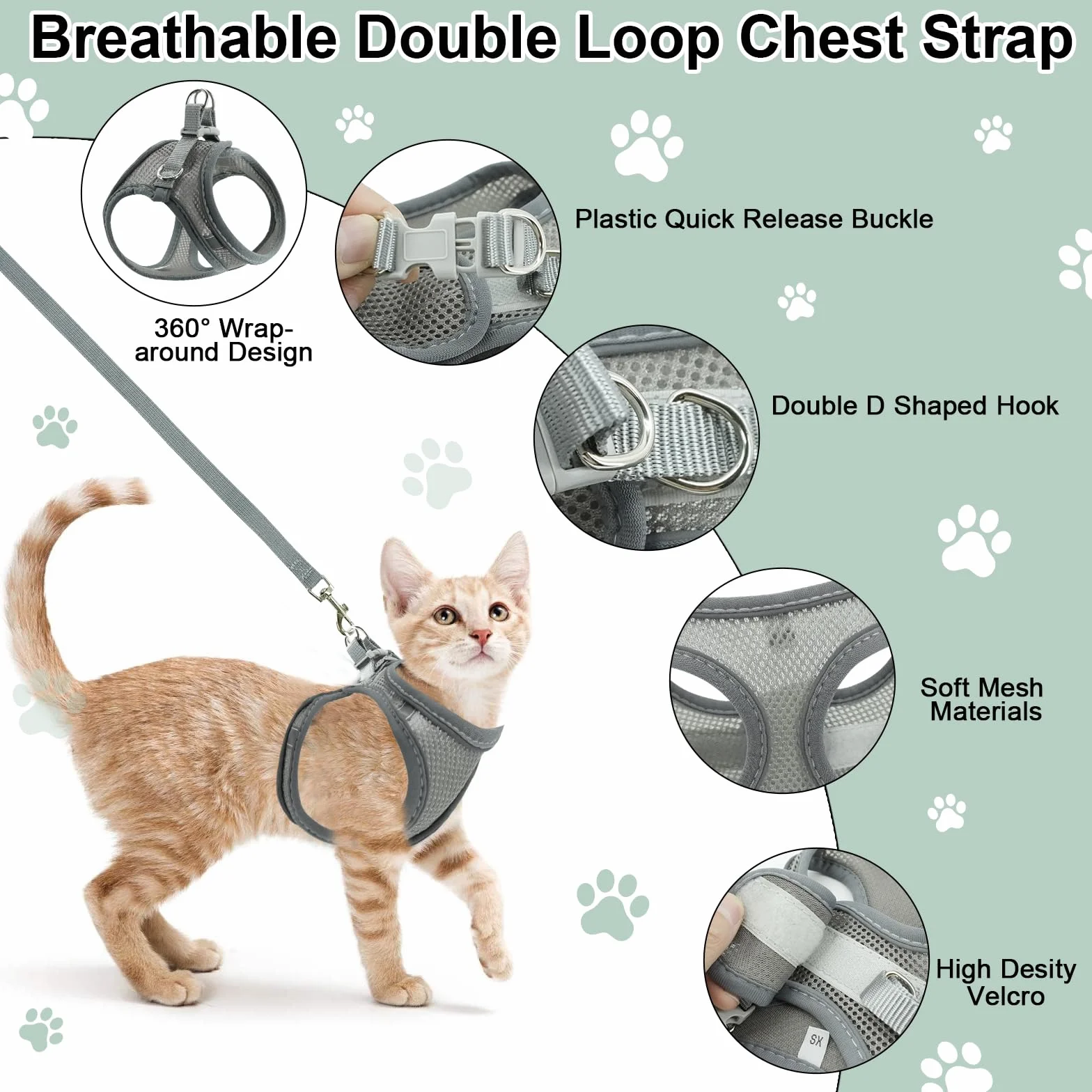 Harnais respirant pour chat gris réfléchissant réglable anti-éclatement avec laisse taille XS