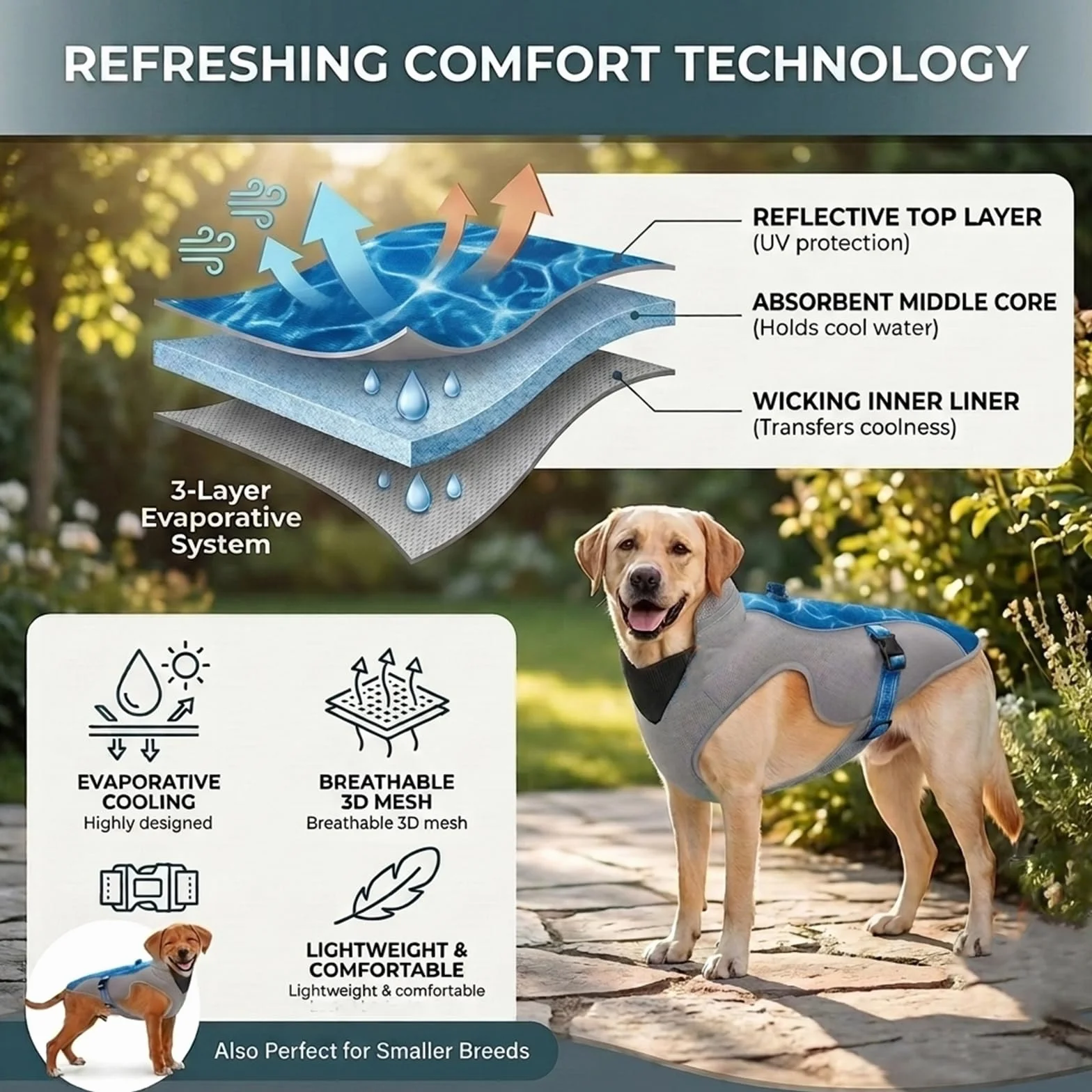 Gilet Rafraîchissant pour Chien avec Harnais D-Snap Bleu