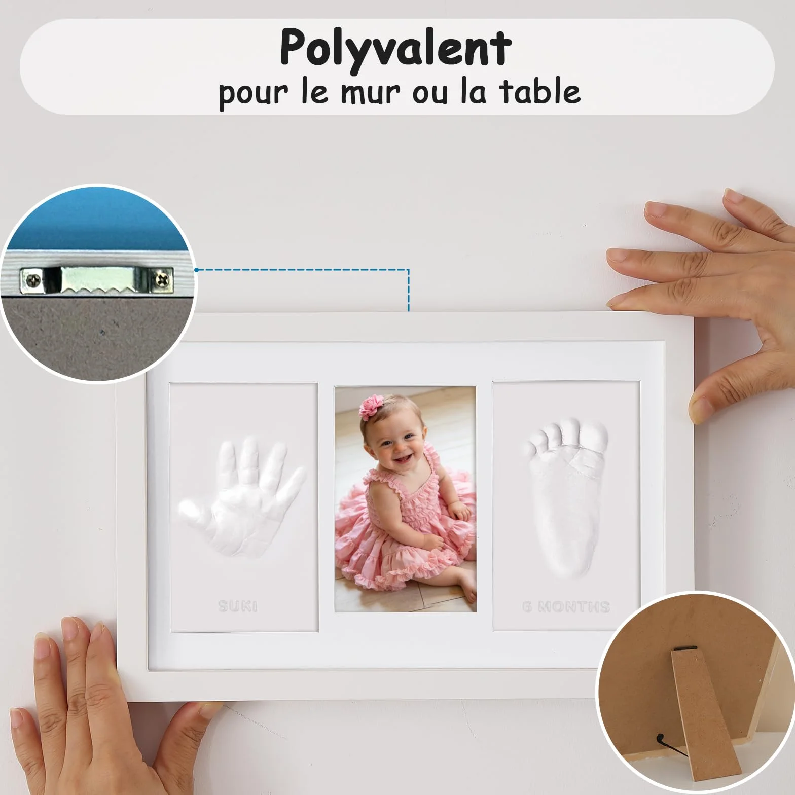 Cadre Empreinte Main Pied Bébé avec Argile Anti-Fissuration Blanc, Kit Cadeau Naissance