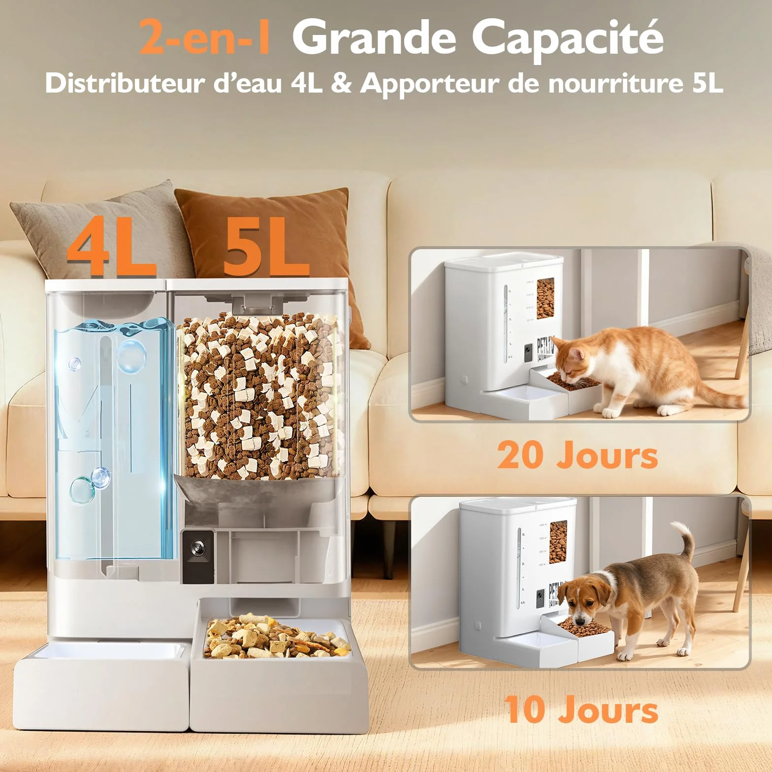 Distributeur Croquettes Chat Automatique avec Caméra 2K HD Vision Nocturne WiFi 2.4G/5G Contrôle App Double Alimentation Réservoir 5L 4L