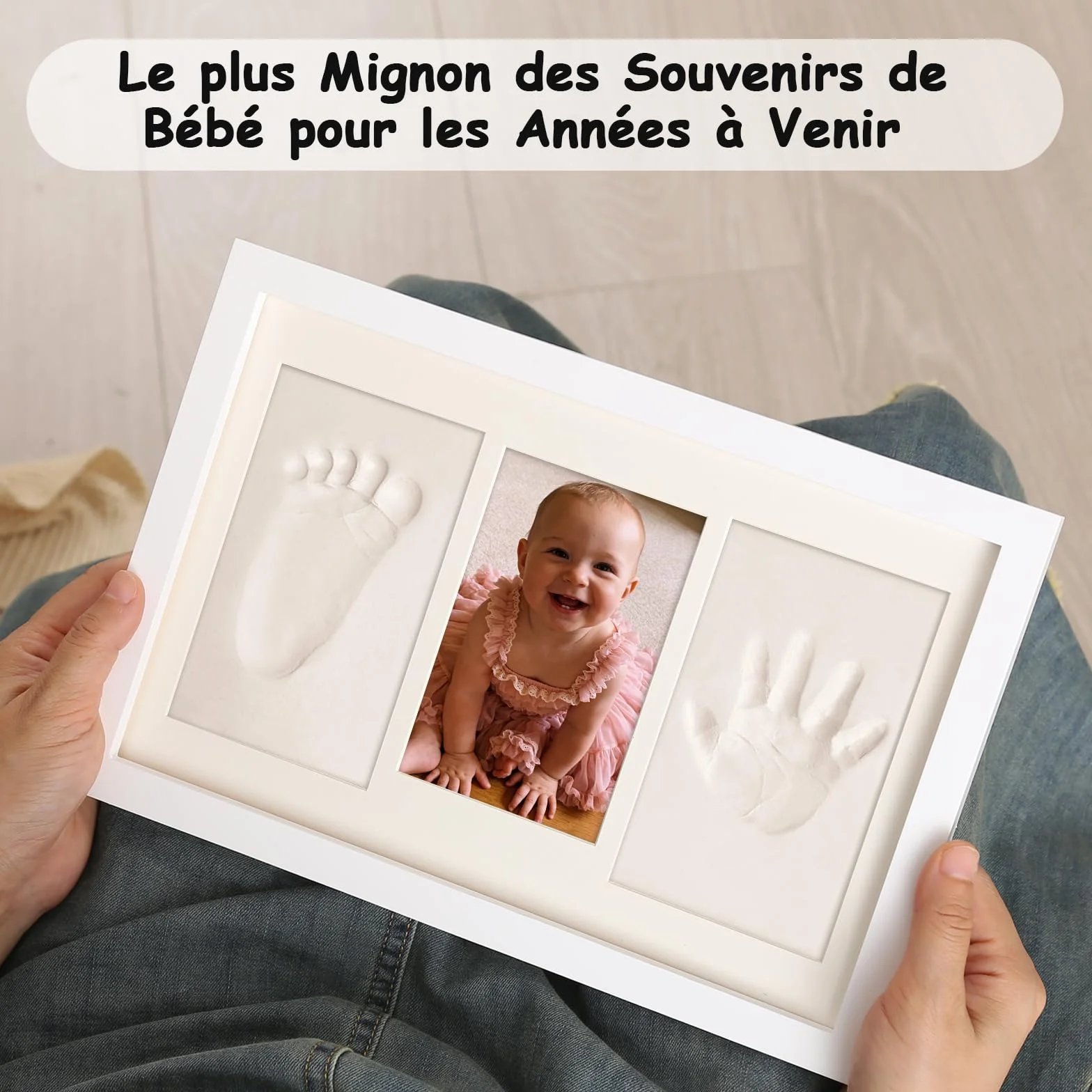 Cadre Empreinte Main Pied Bébé avec Argile Anti-Fissuration Blanc, Kit Cadeau Naissance
