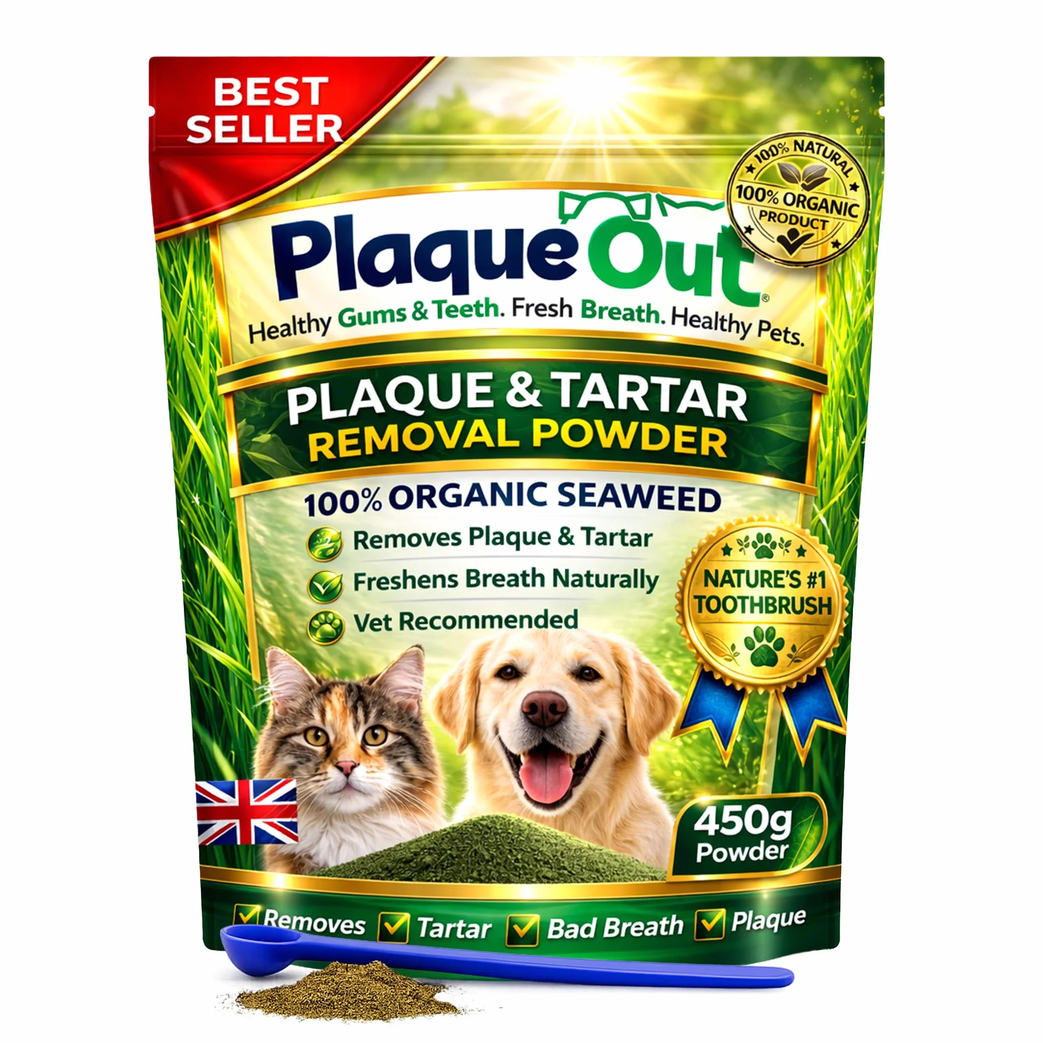 Plaque Out Pochette 450 g - Éliminateur de plaque dentaire - Poudre d'algues 100% naturelle pour chiens et chats