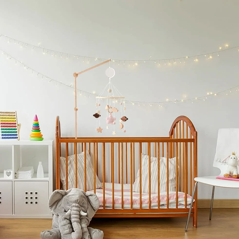 Mobile Musical en Bois avec Support Réglable et Boîte à Musique Décoration de Berceau (Beige)