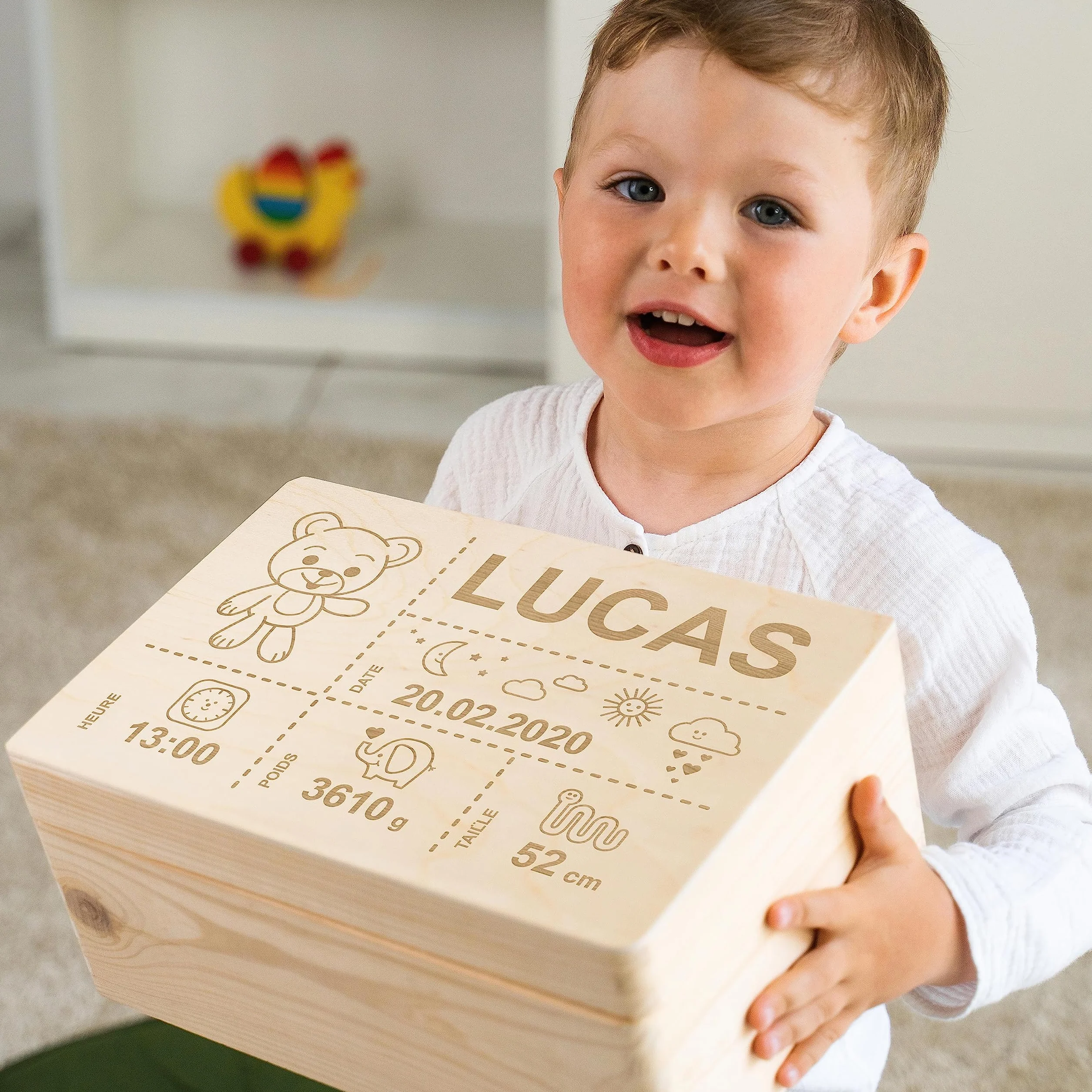 Boîte à souvenirs bébé personnalisée LAUBLUST - Cadeau de naissance avec prénom, ours en peluche, tailles S M L XL, bois naturel ou blanc FSC