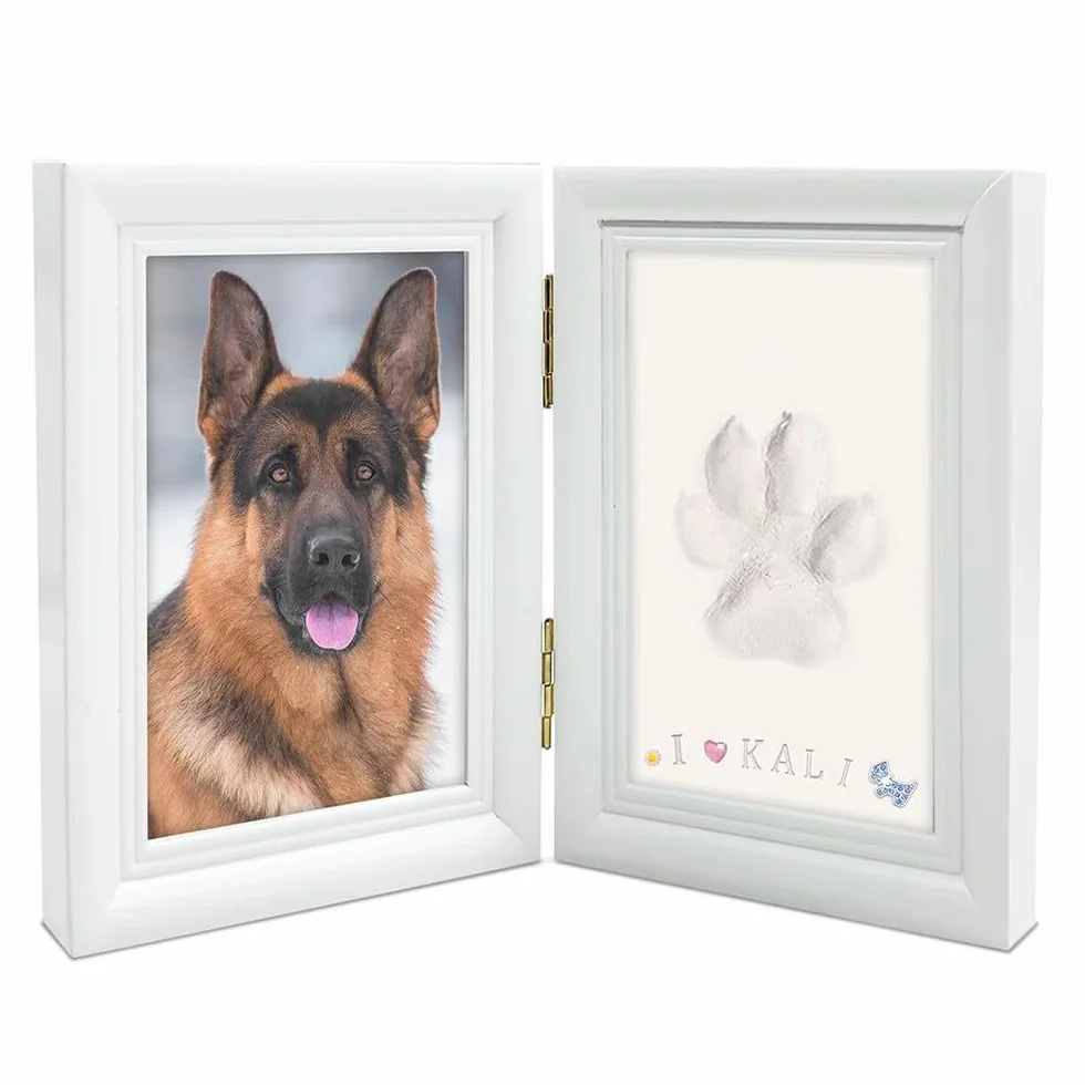 Cadre photo commémoratif pour animaux de compagnie motif empreintes chien chat blanc