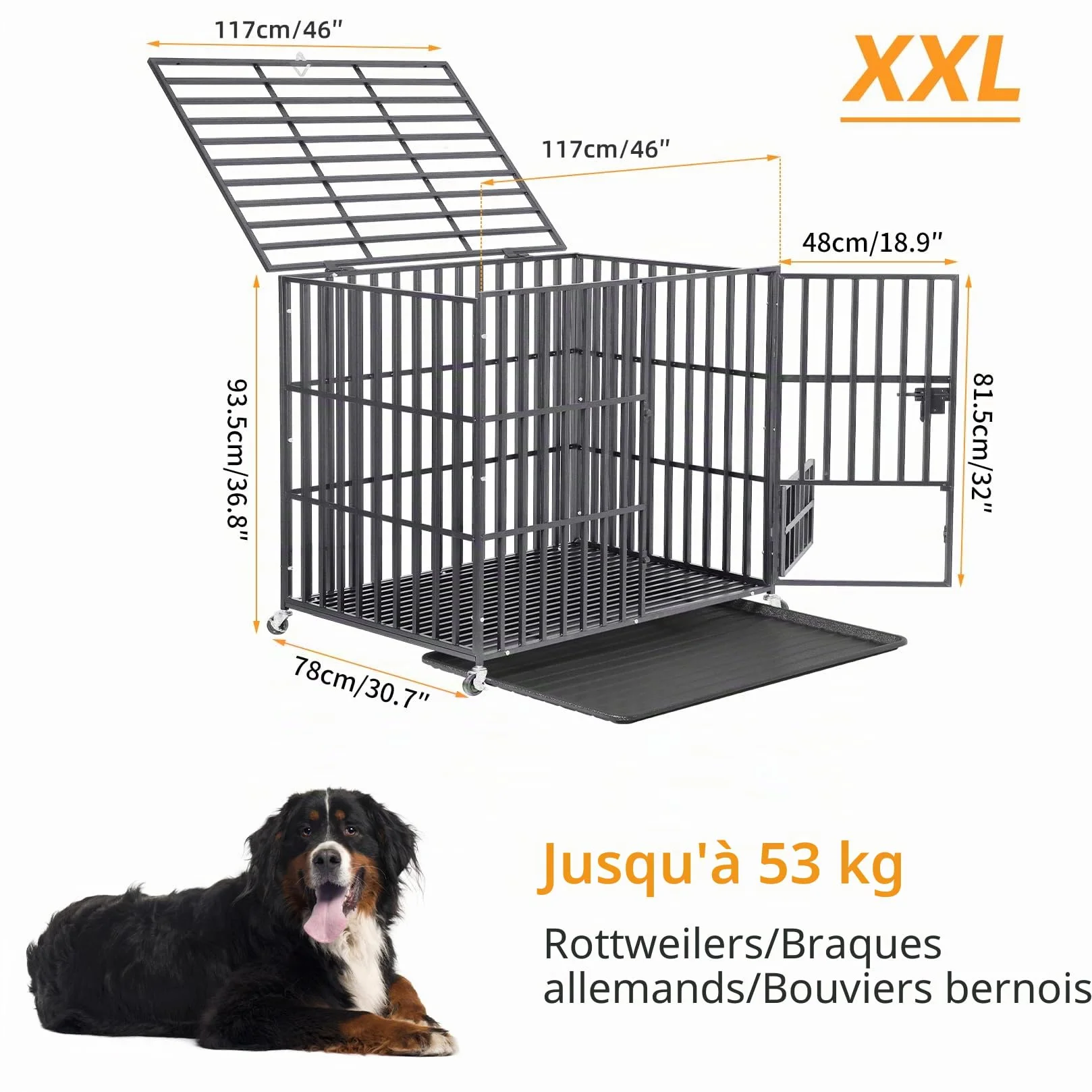 Cage Chien Interieur Solide Métal 117x96x84cm Grand Chien Caisse Transport XXL Roulette 3 Porte Plateau Amovible