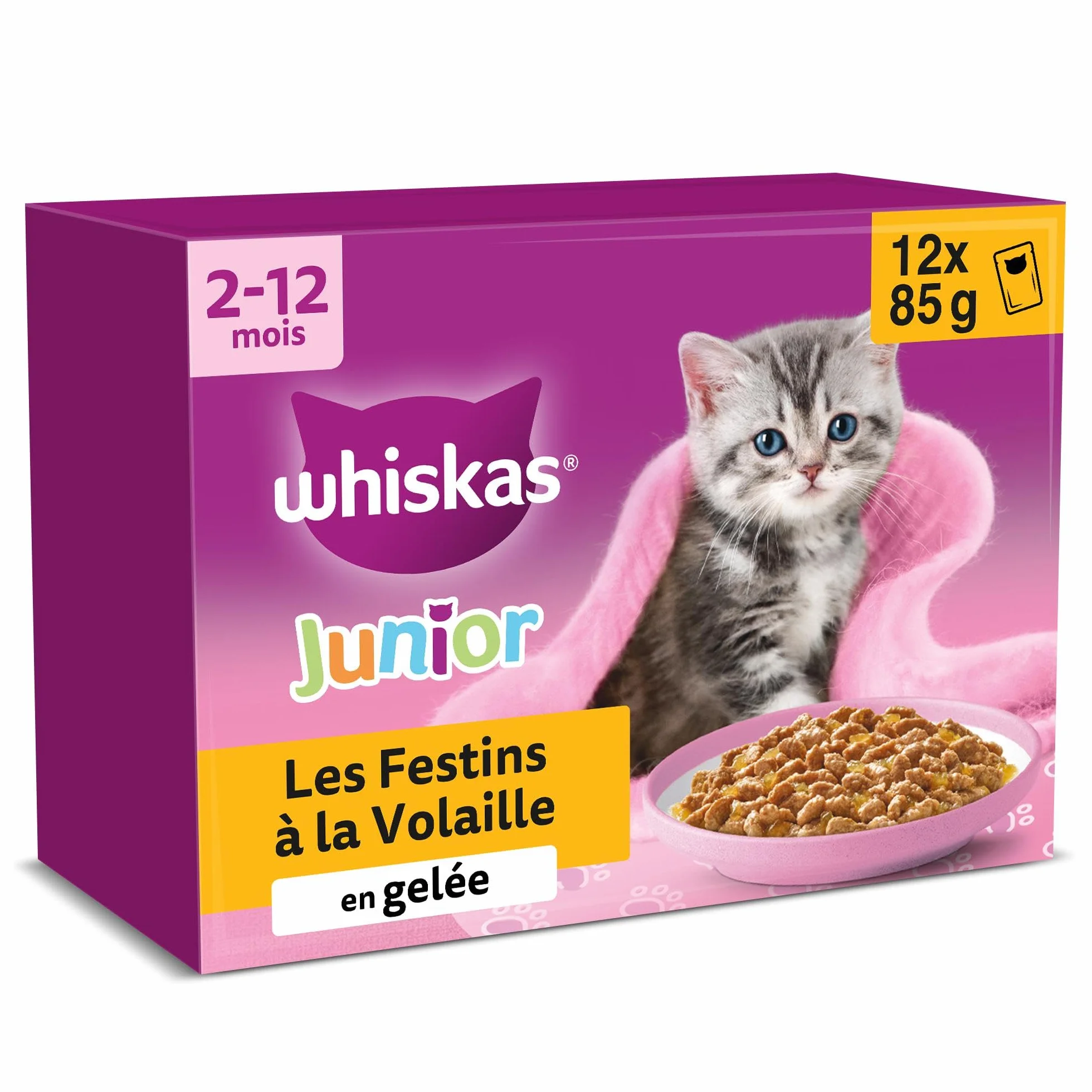 WHISKAS Aliment humide en gelée Chat junior 12x85g Festins à la Volaille Lot de 4 48 Sachets