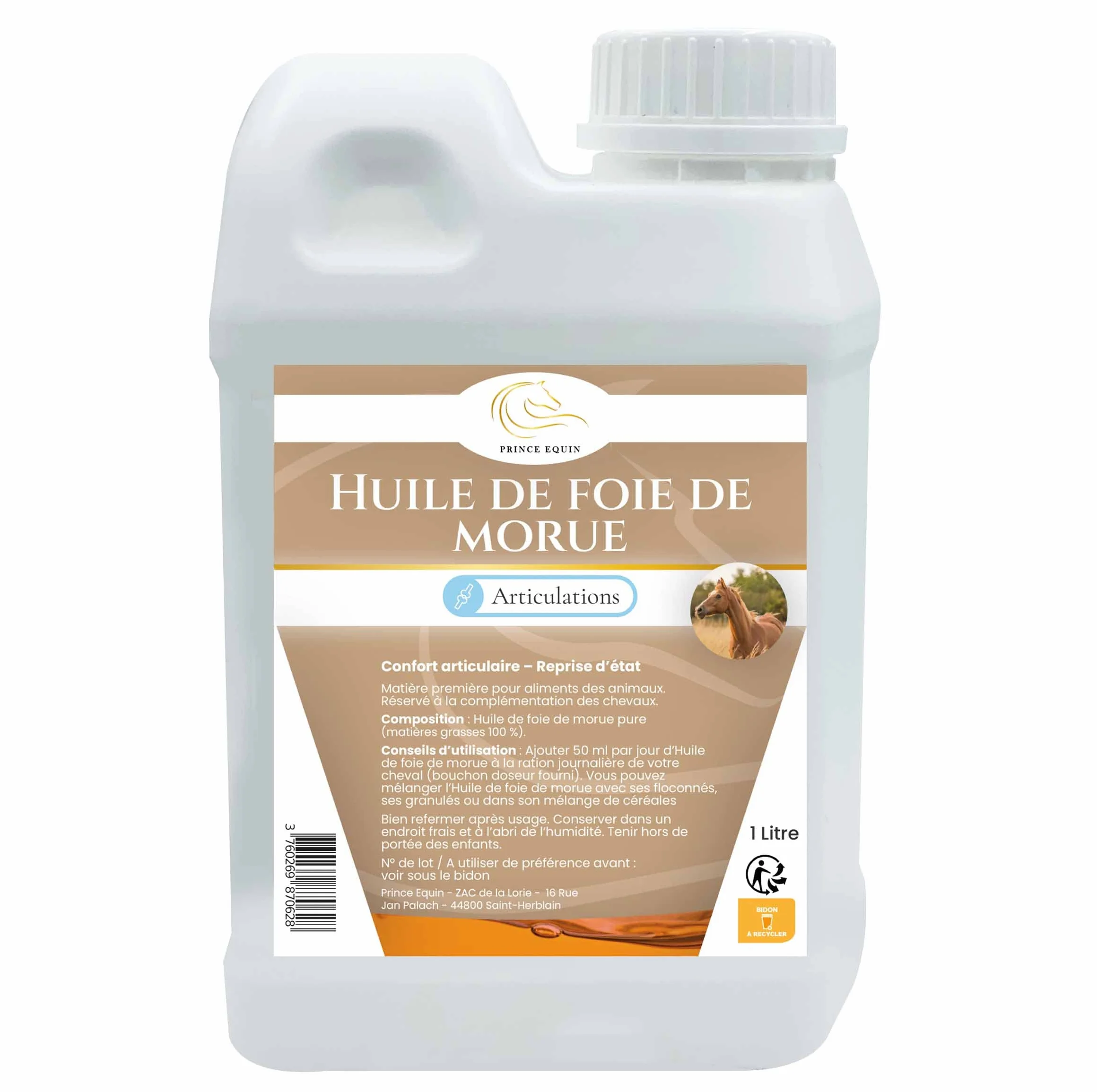 Huile de foie de morue complément nutritionnel cheval 1 L articulations immunité oméga 3 vitamines A D marque française