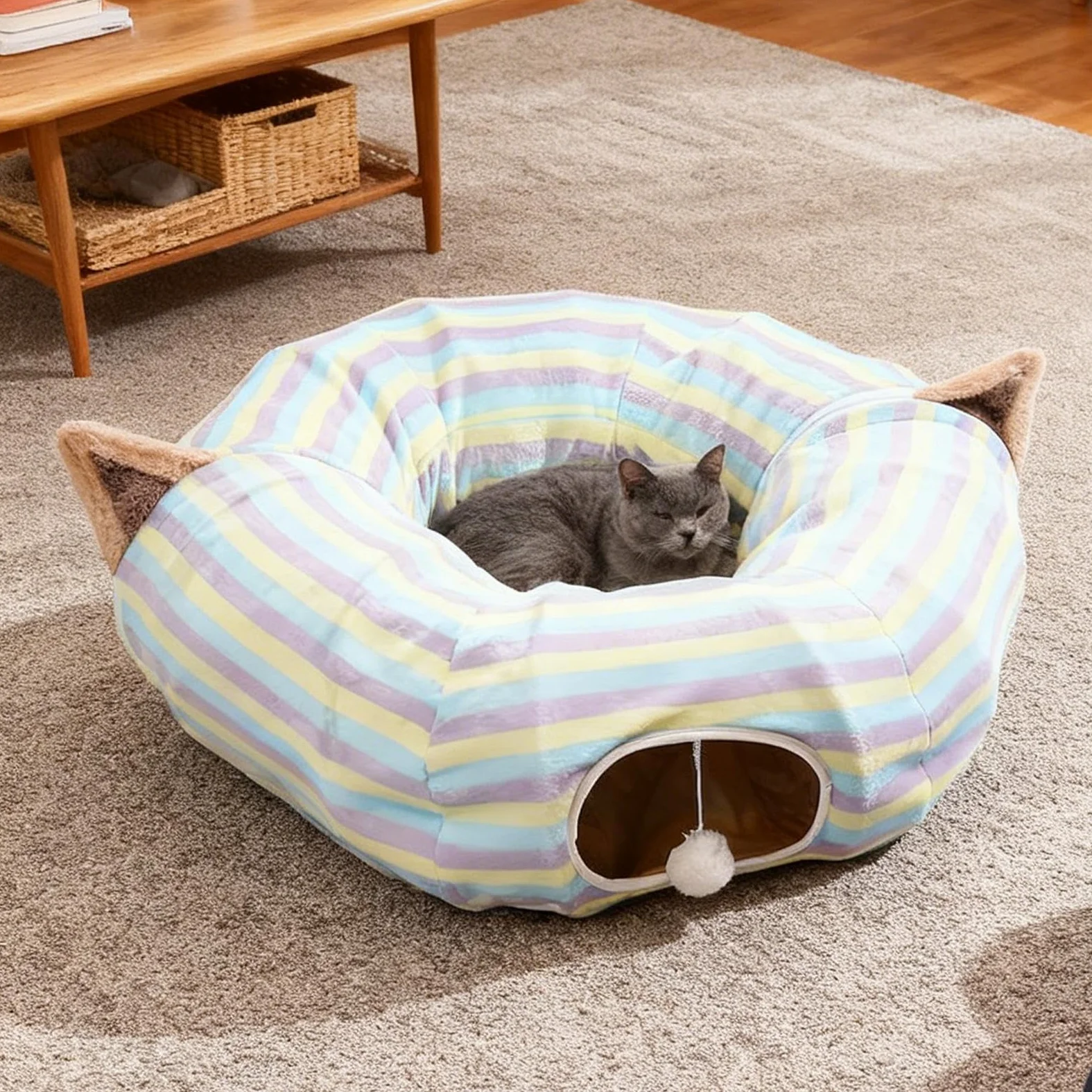 Tunnel pour Chat Grand Jouet en Forme De Maison Pliable avec Puzzle | Tube De Pour Chat À Rayures Colorées Pour Chaton, Animal De Compagnie, Anniversaire, Fête De Noël, Petits Animaux, Chasse