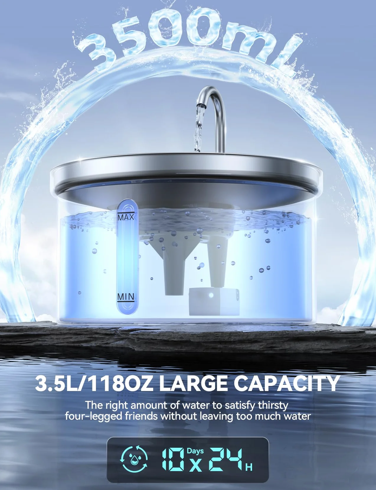 Fontaine à Eau pour Chat en Acier Inoxydable 3,5L Silencieuse avec Robinet et Filtre USB