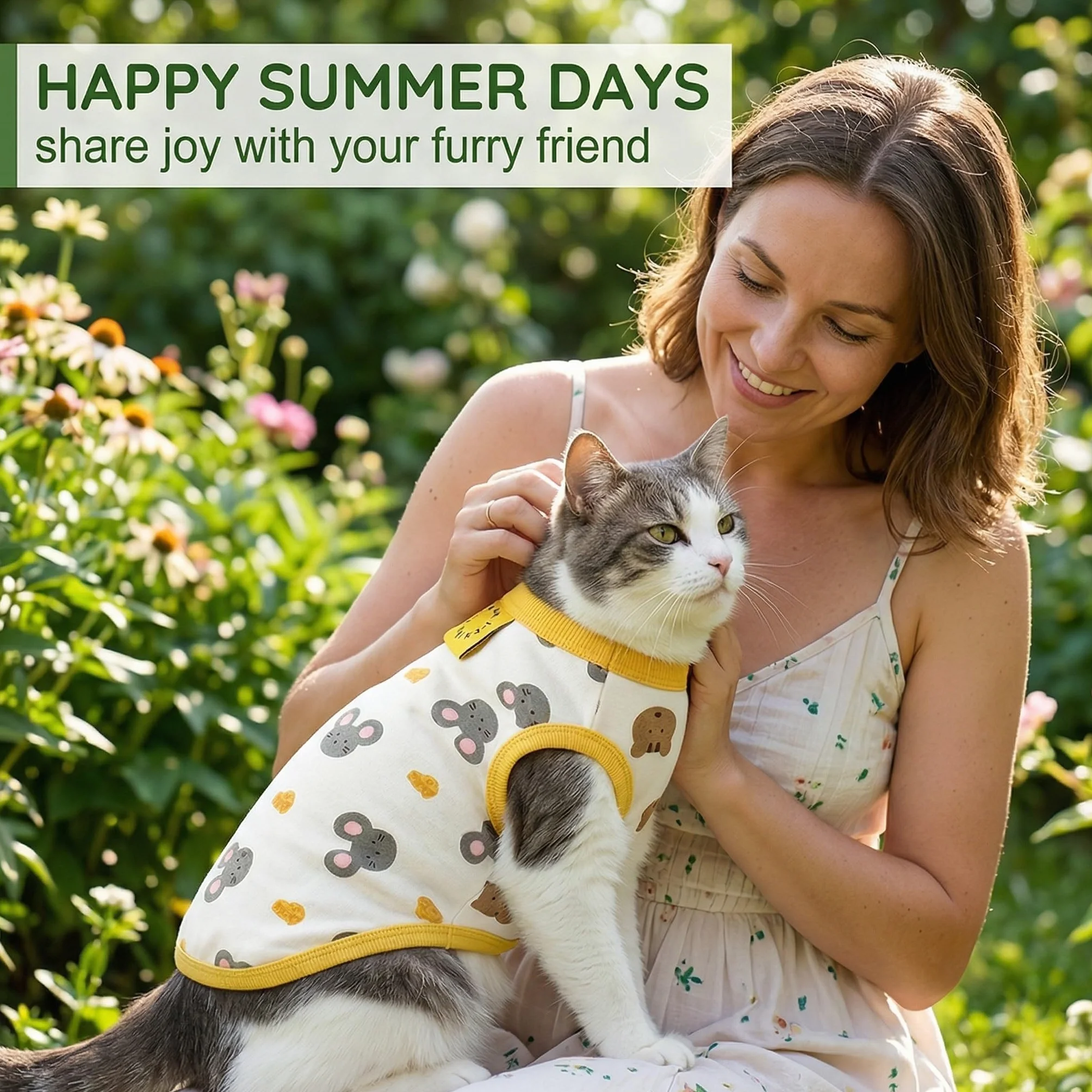 Body pour Chat et Chaton Taille L, Vêtement Doux et Respirant avec Motif Ours et Souris, Vert et Jaune