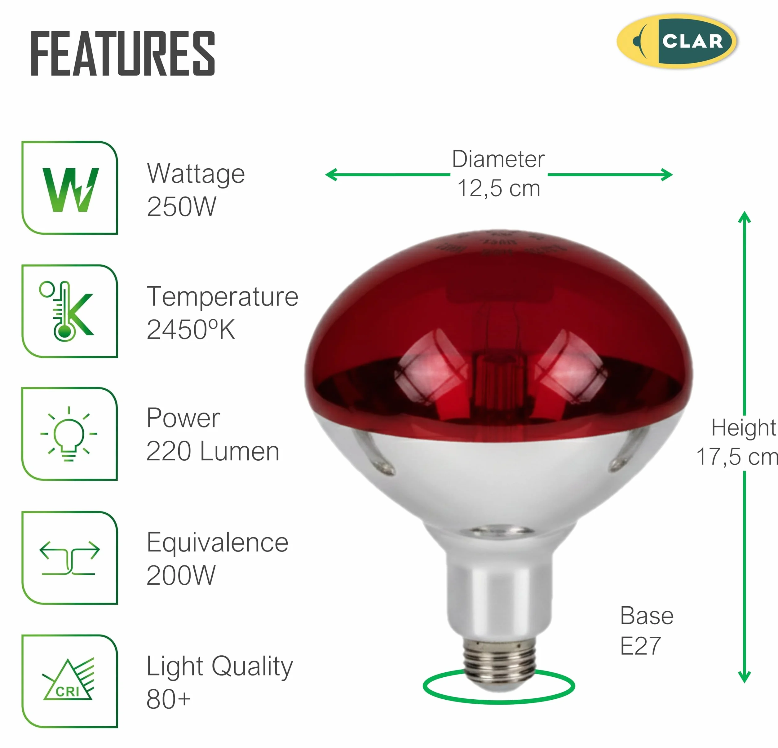 CLAR Ampoule Chauffante 250W E27 Lampe Infrarouge Rouge pour Terrarium Thérapie de Chaleur Animaux Pack 5