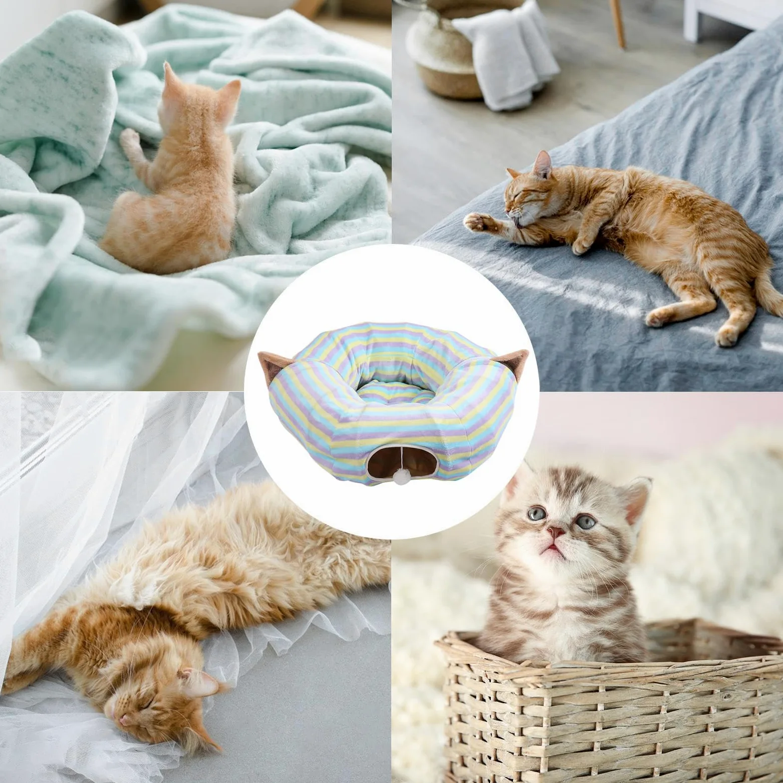 Tunnel pour Chat Grand Jouet en Forme De Maison Pliable avec Puzzle | Tube De Pour Chat À Rayures Colorées Pour Chaton, Animal De Compagnie, Anniversaire, Fête De Noël, Petits Animaux, Chasse