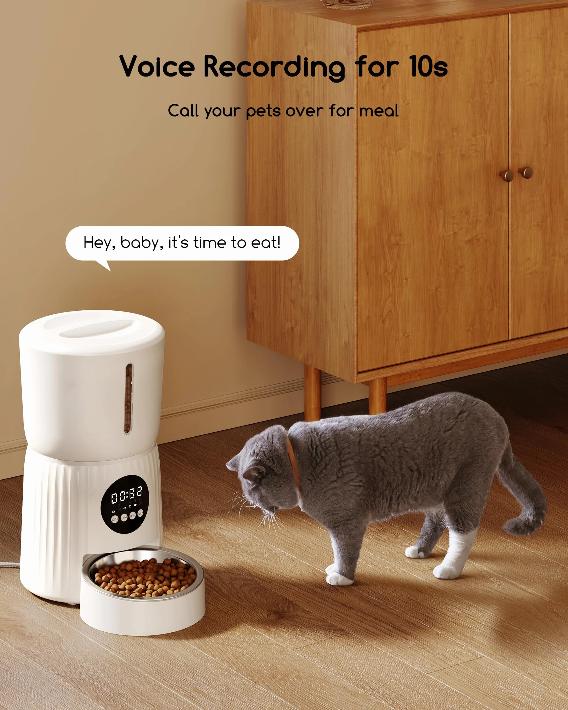 Faroro Distributeur Croquettes Chat Automatique 4L Contrôle Portions Enregistrement Vocal 10s Alimentation Lente Blanc