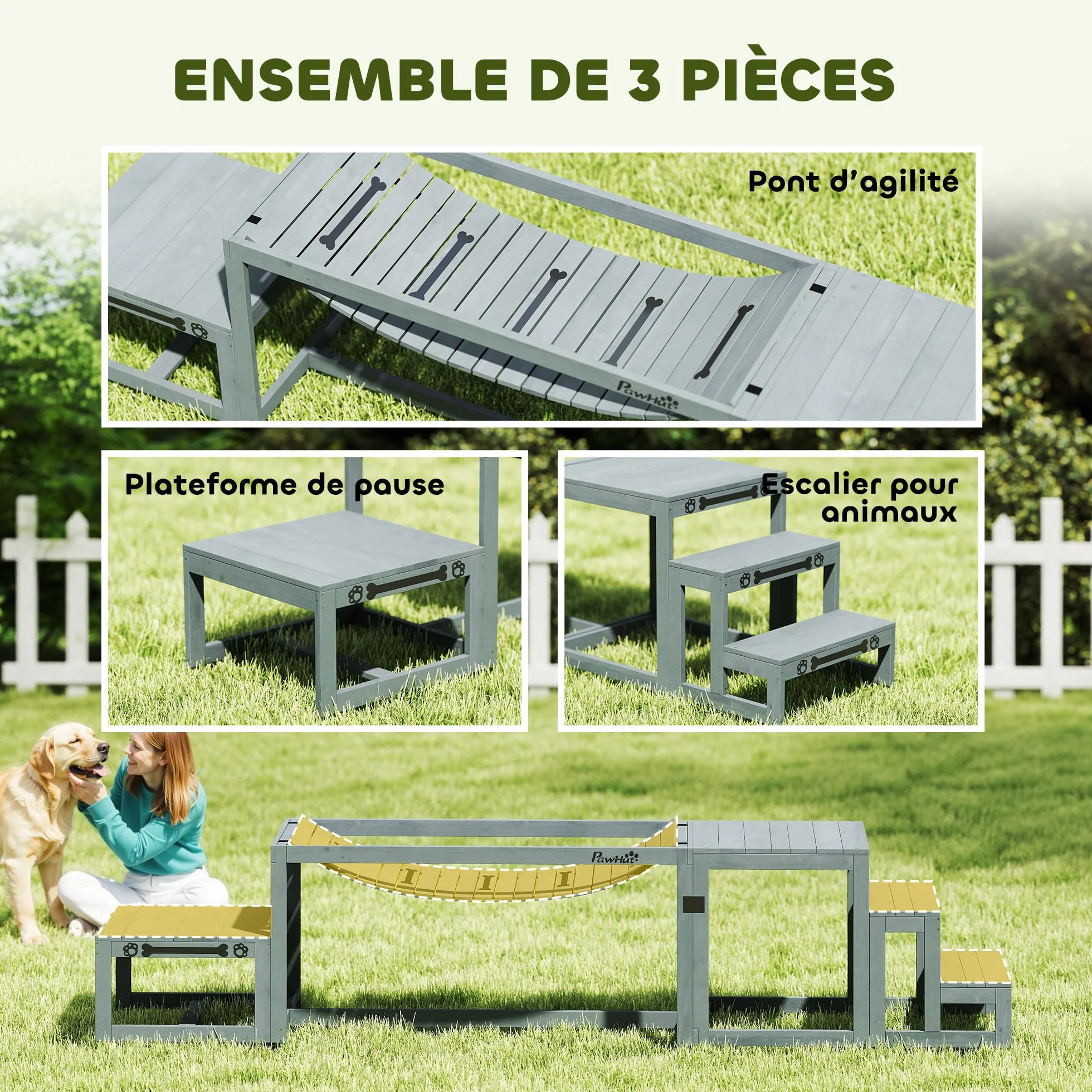 PawHut Kit d'agilité pour Chien 3 Pièces Pont Souple Plateforme de Pause Escalier Bois Massif Gris