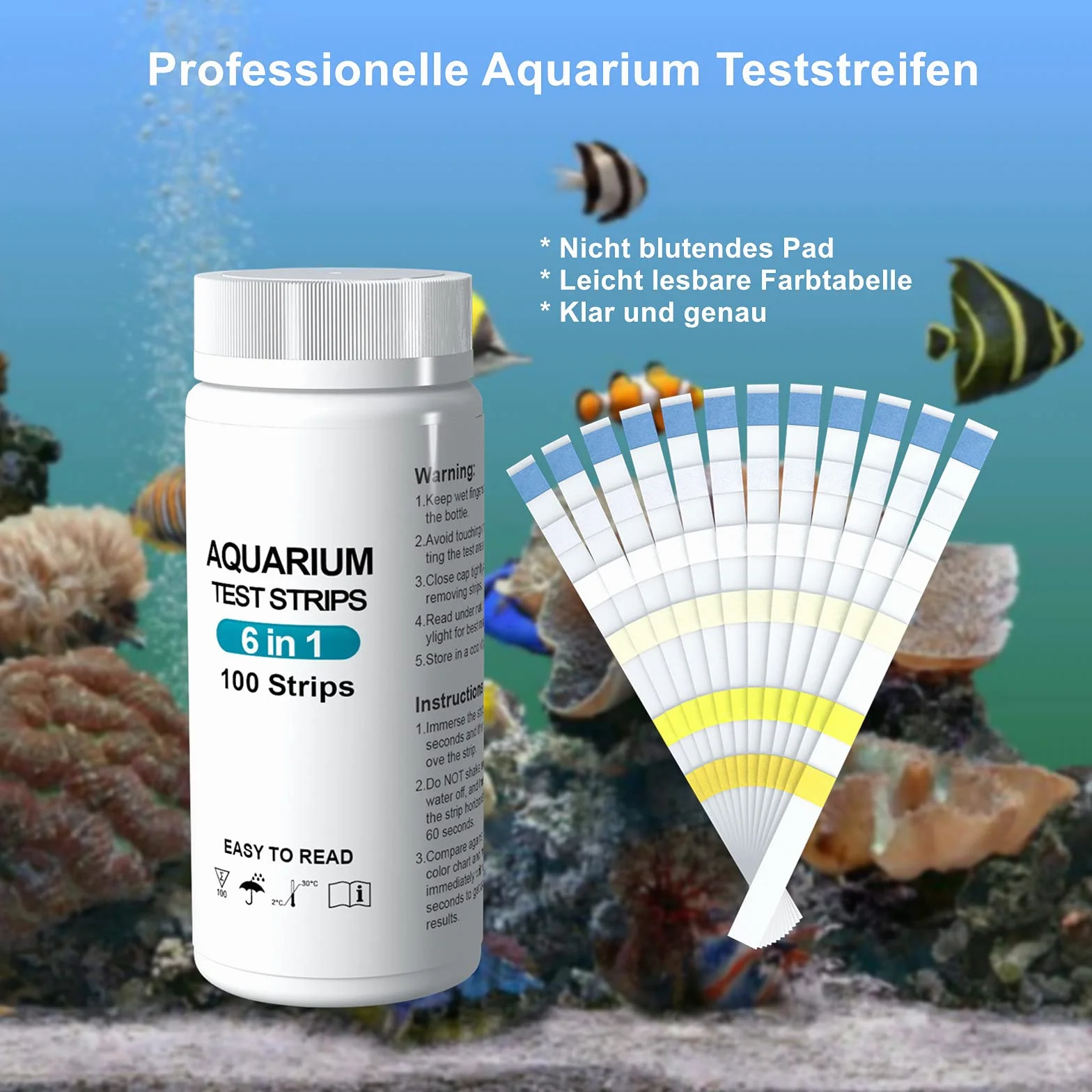 Lot de 100 bandelettes de test 6 en 1 pour aquarium pH nitrite nitrate chlore dureté carbonatée générale eau salée eau douce