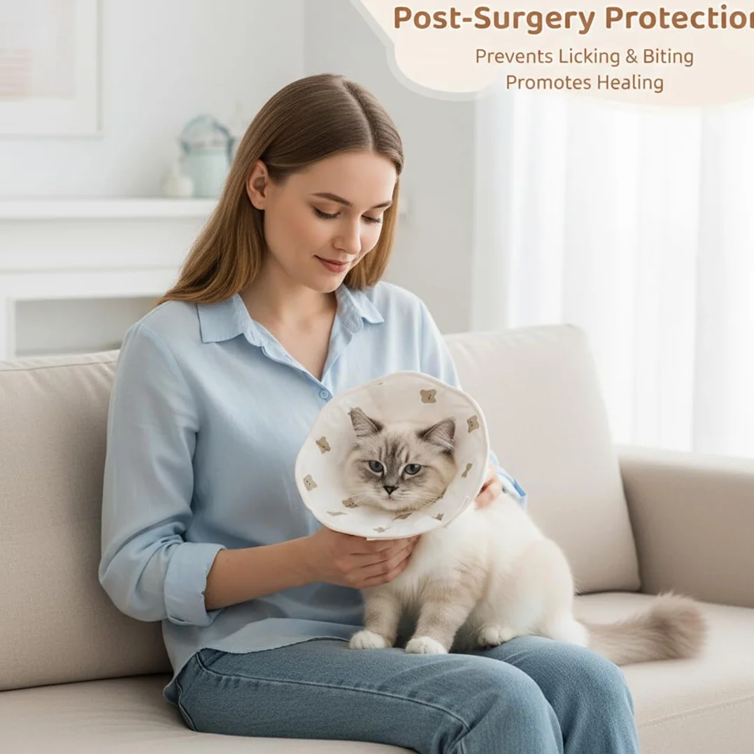 Collerette Anti Léchage Pour Chat En Tissu Souple Léger Réglable Avec Fermeture Velcro