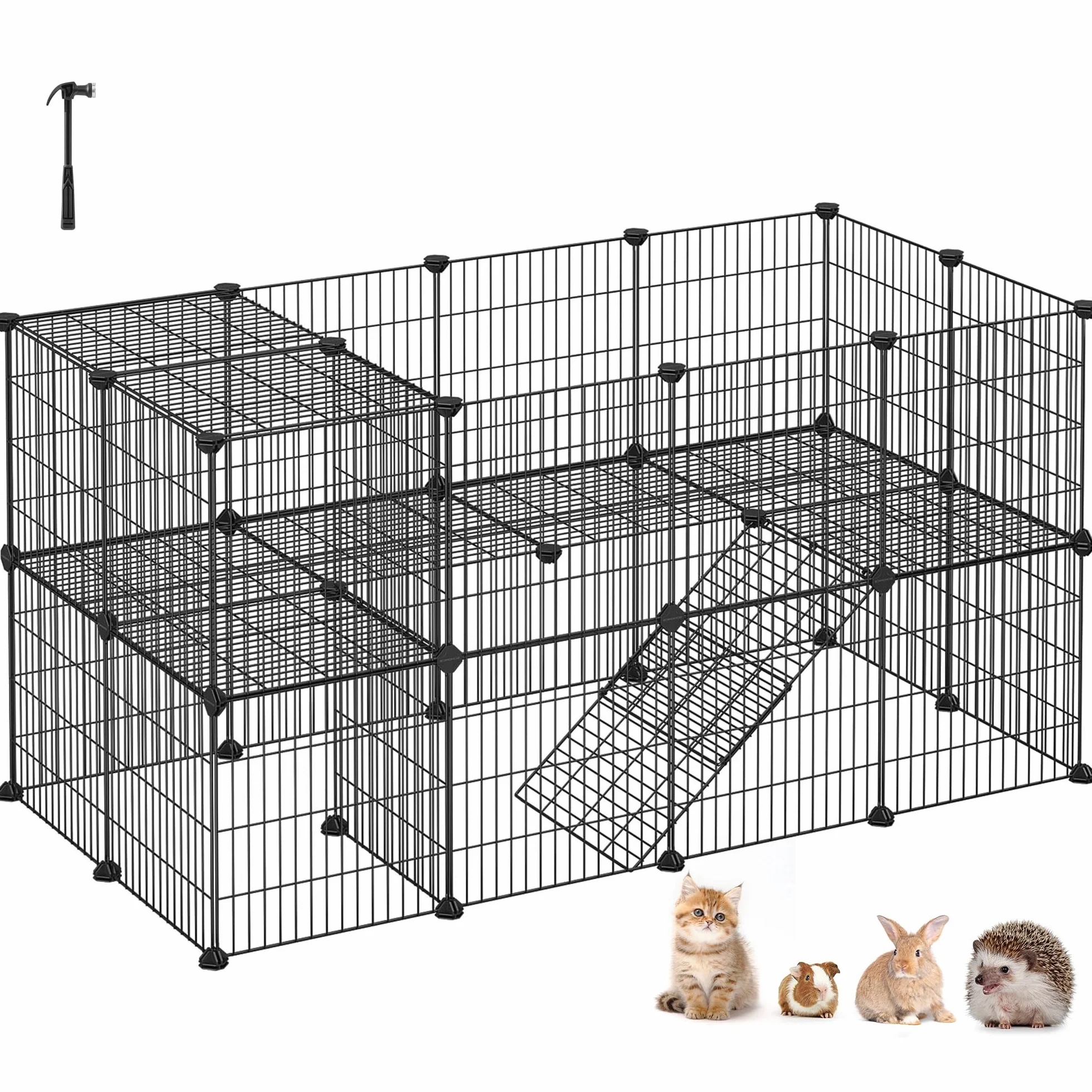 SONGMICS Enclos Modulable pour Animaux Domestiques, 2 Niveaux, 143 x 73 x 71 cm, Noir LPI02H