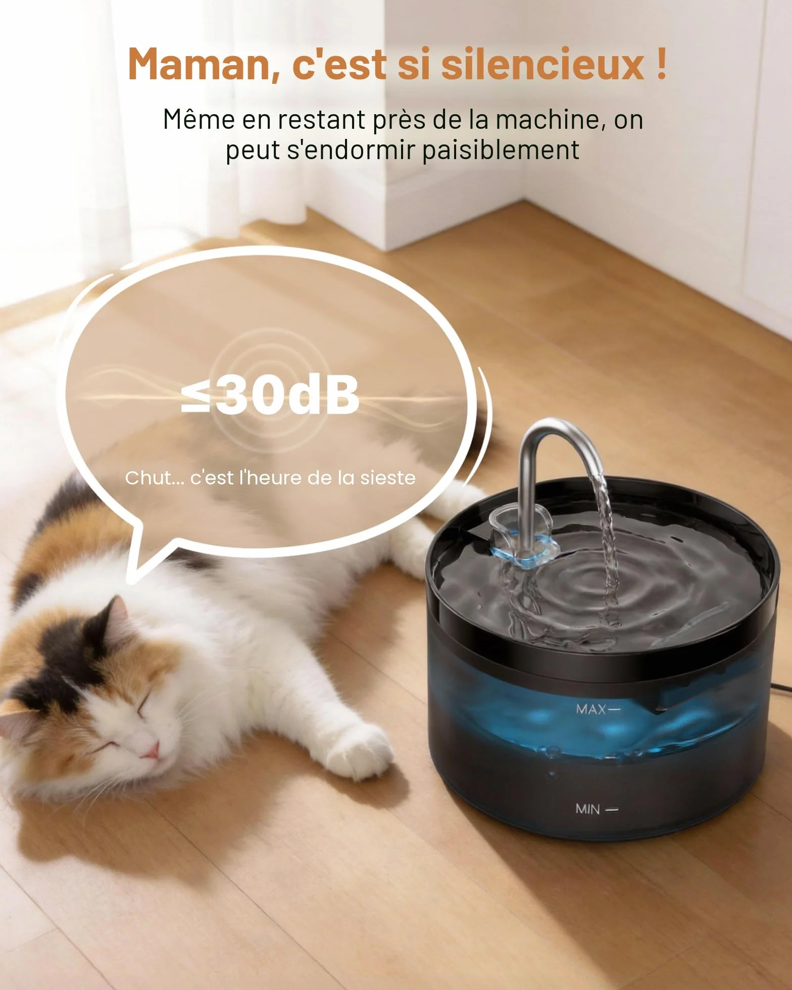 Fontaine à Eau pour Chat 2L avec Forme de Robinet, Pompe Silencieuse, Filtre à Poils, Débit Réglable, Noir