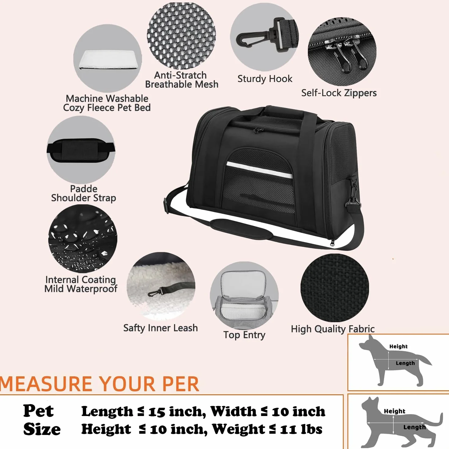 Transport Sac Chat Chien Caisse Respirant Pliable avec Matelas Amovible et Bol Noir