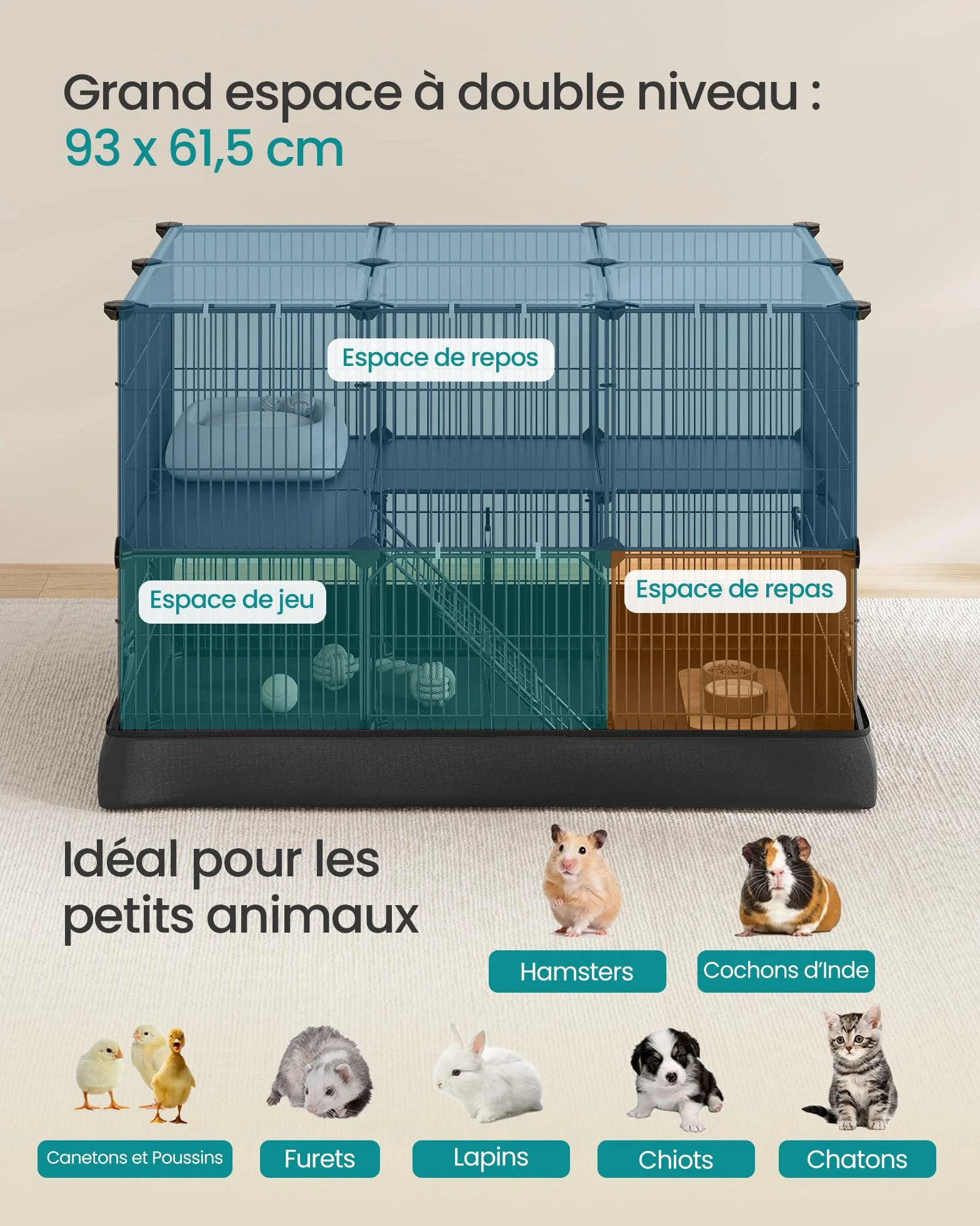 SONGMICS Enclos pour Petits Animaux 2 Niveaux 35 Panneaux 93x63x61,5 cm Noir d'encre