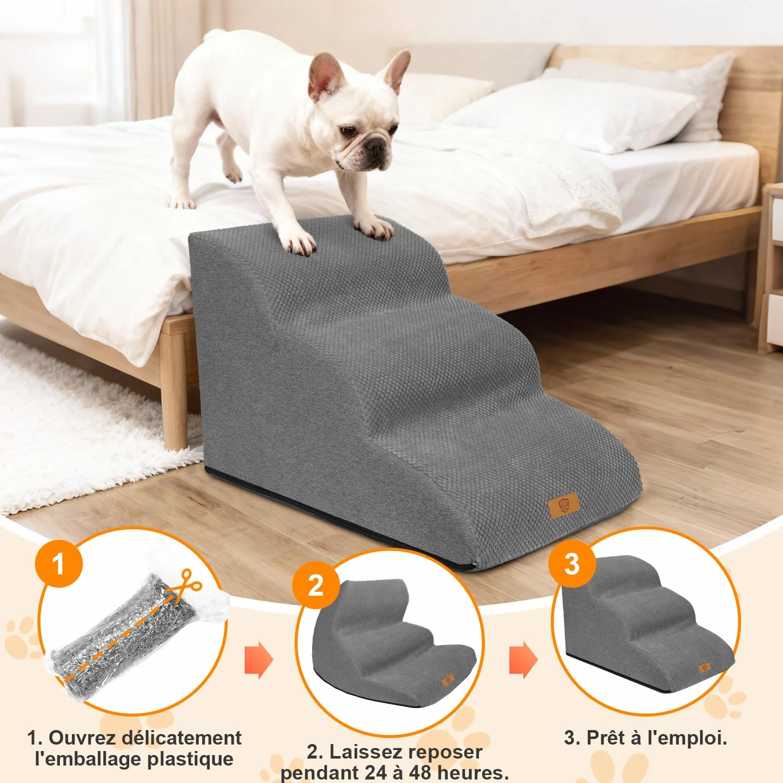 Masthome Escalier pour Chiens et Chats 3 Marches, Éponge Haute Densité, Antidérapant, Housse Amovible Lavable