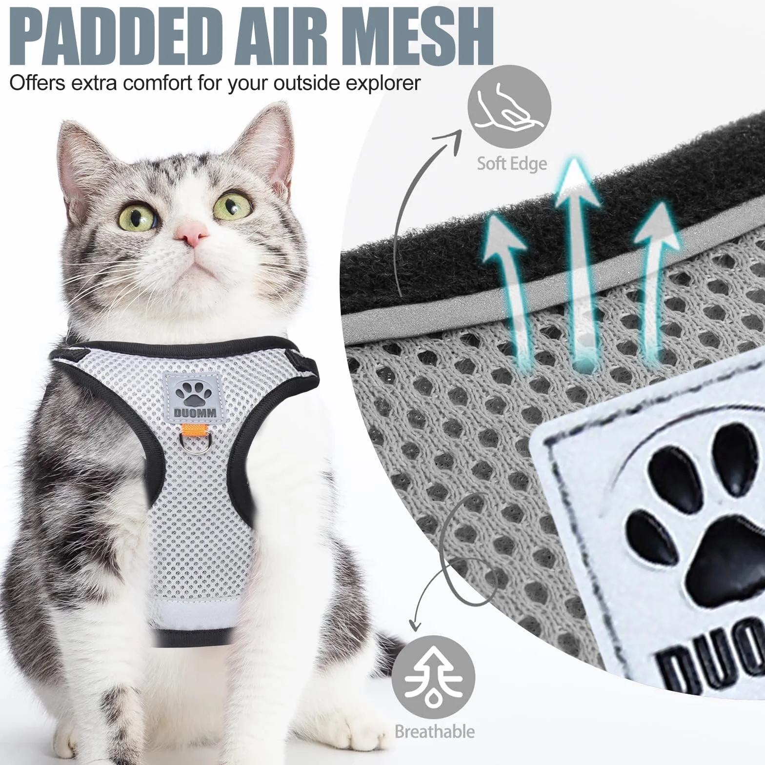 Harnais et Laisse pour Chat Anti évasion, Réglable, Réfléchissant, Gilet Respirant (M Gris)