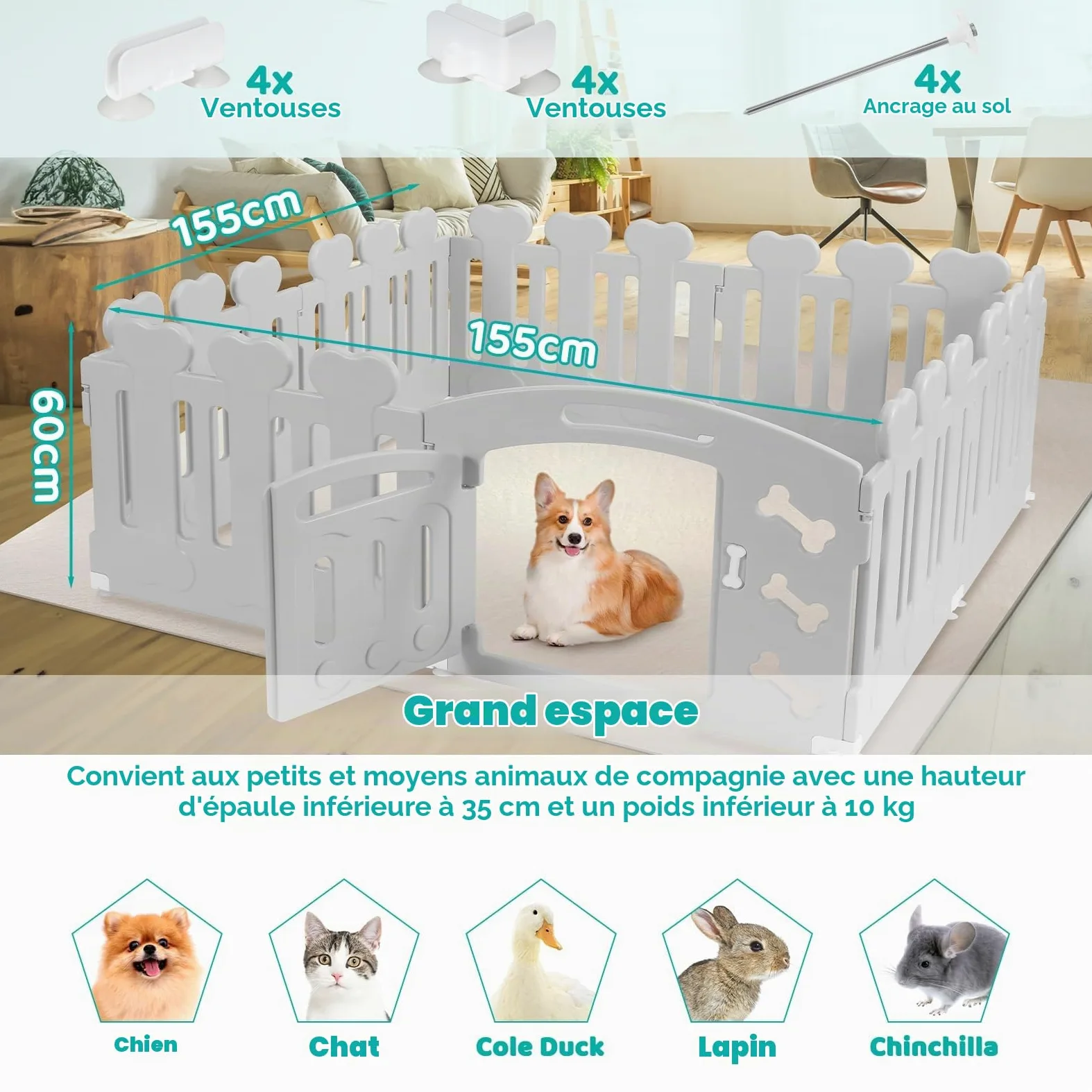 MAMIZO Parc pour Chien 60 cm Haut, Plastique Parc Chien 7+1 PCS Panneaux, Parc Chiot Pliable avec Portail, avec ventouses et ancrages au Sol, Enclos pour Chat et Lapin Interieur Extérieur, Gris | Parc Chiot Pliable avec Portail, avec ventouses et ancrages