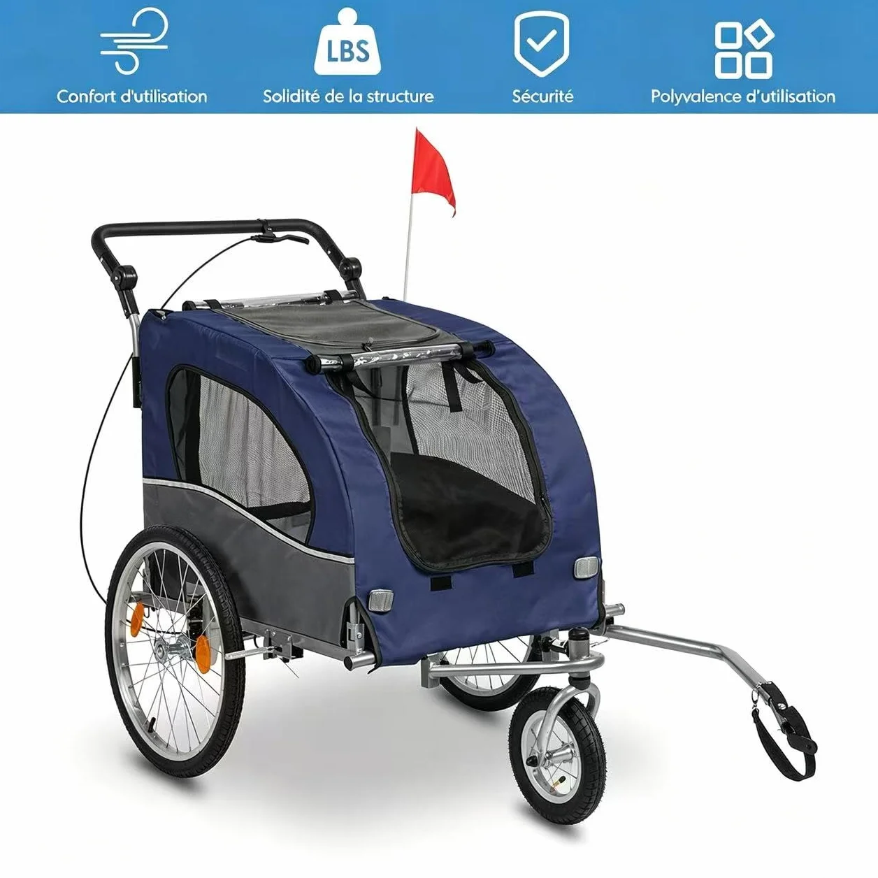 Bonnlo Remorque de Vélo pour Animaux 2-en-1, Poussette pour Chien Tout Terrain, Cadre en Acier, Charge 50kg, 155 x 82 x 106 cm