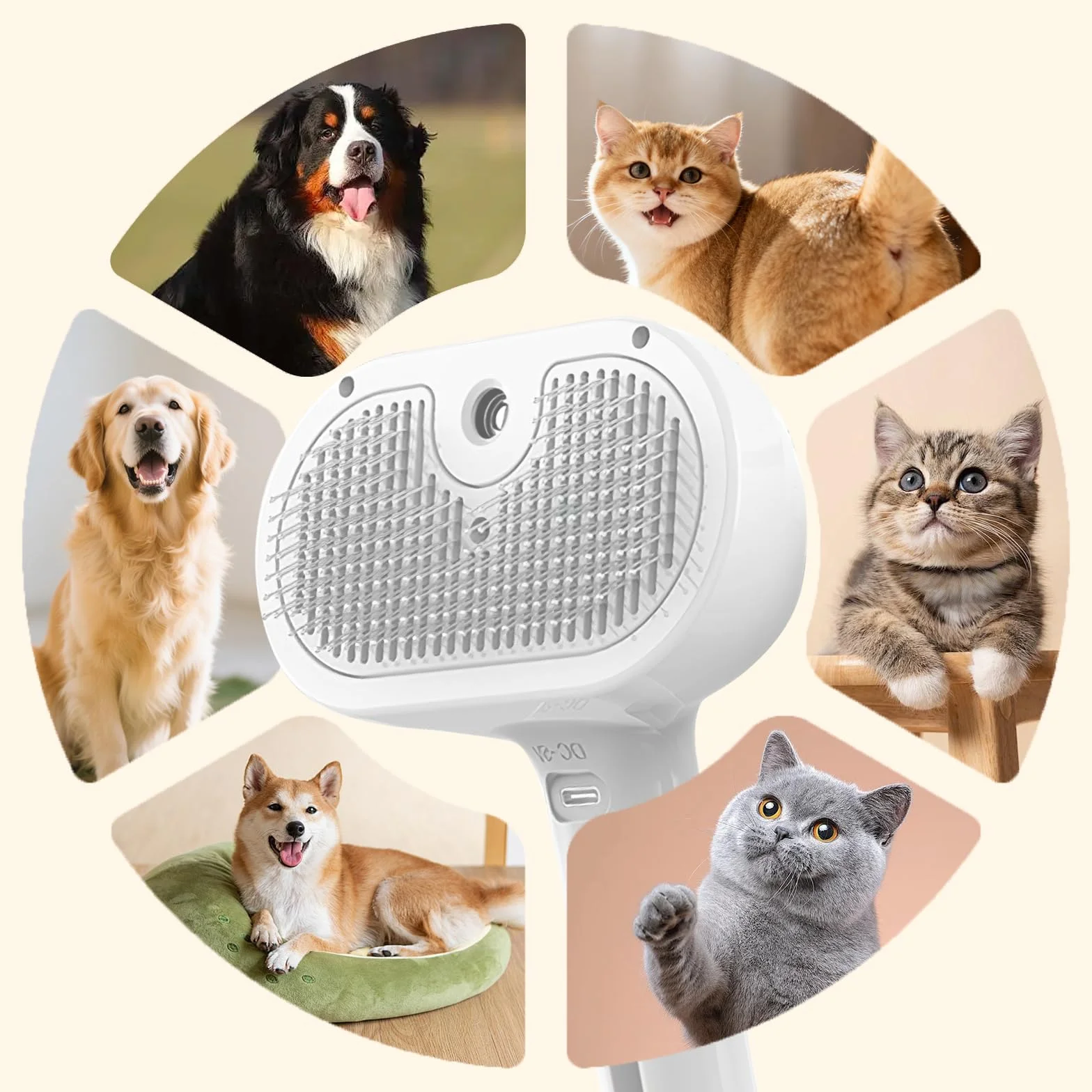Brosse à vapeur 3-en-1 pour chien et chat avec vapeur froide et embouts en gel, démêlage douce pour poils perdus, réservoir d'eau