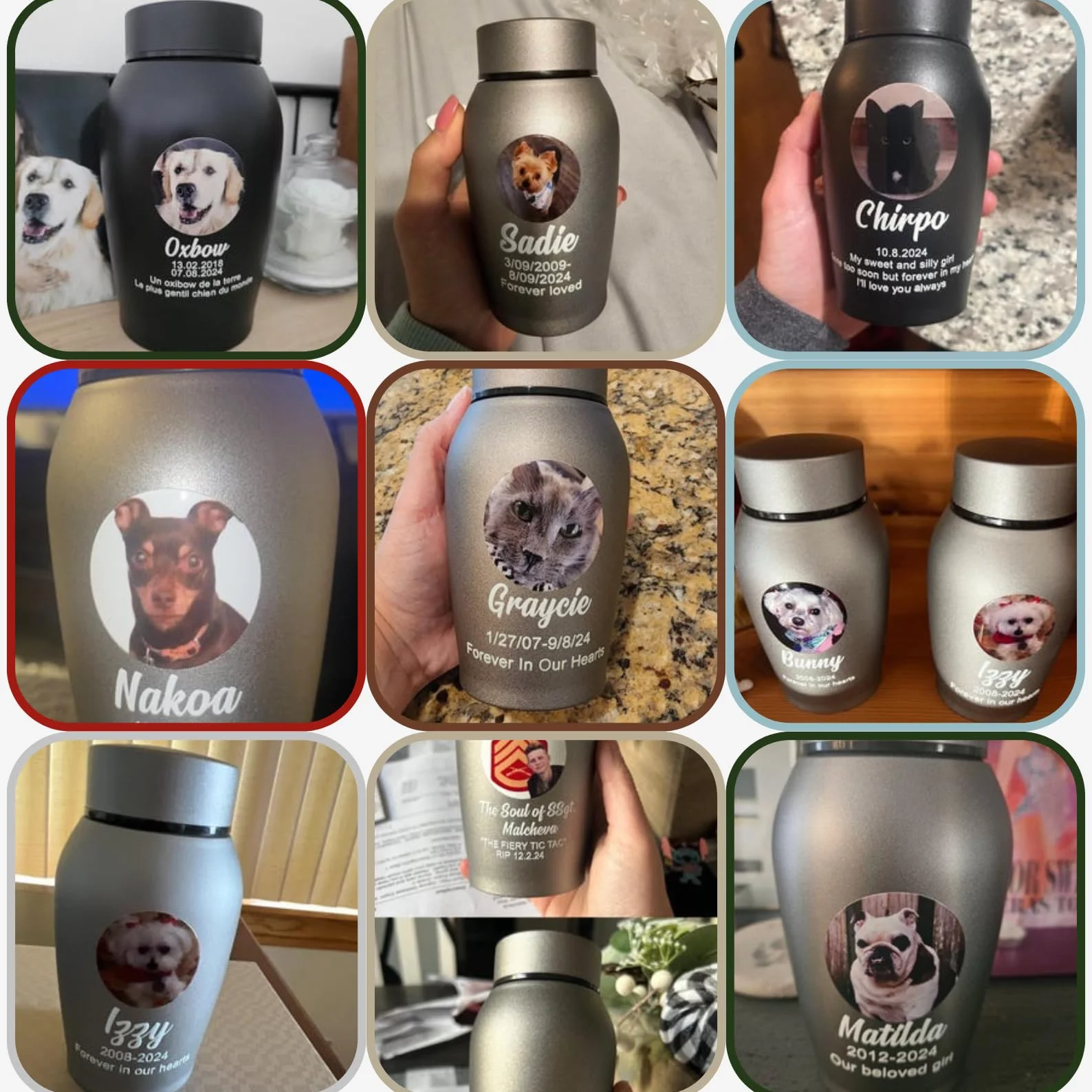 Urne personnalisée chiens chats boîtier acier titane étanche nom photo animaux ovale