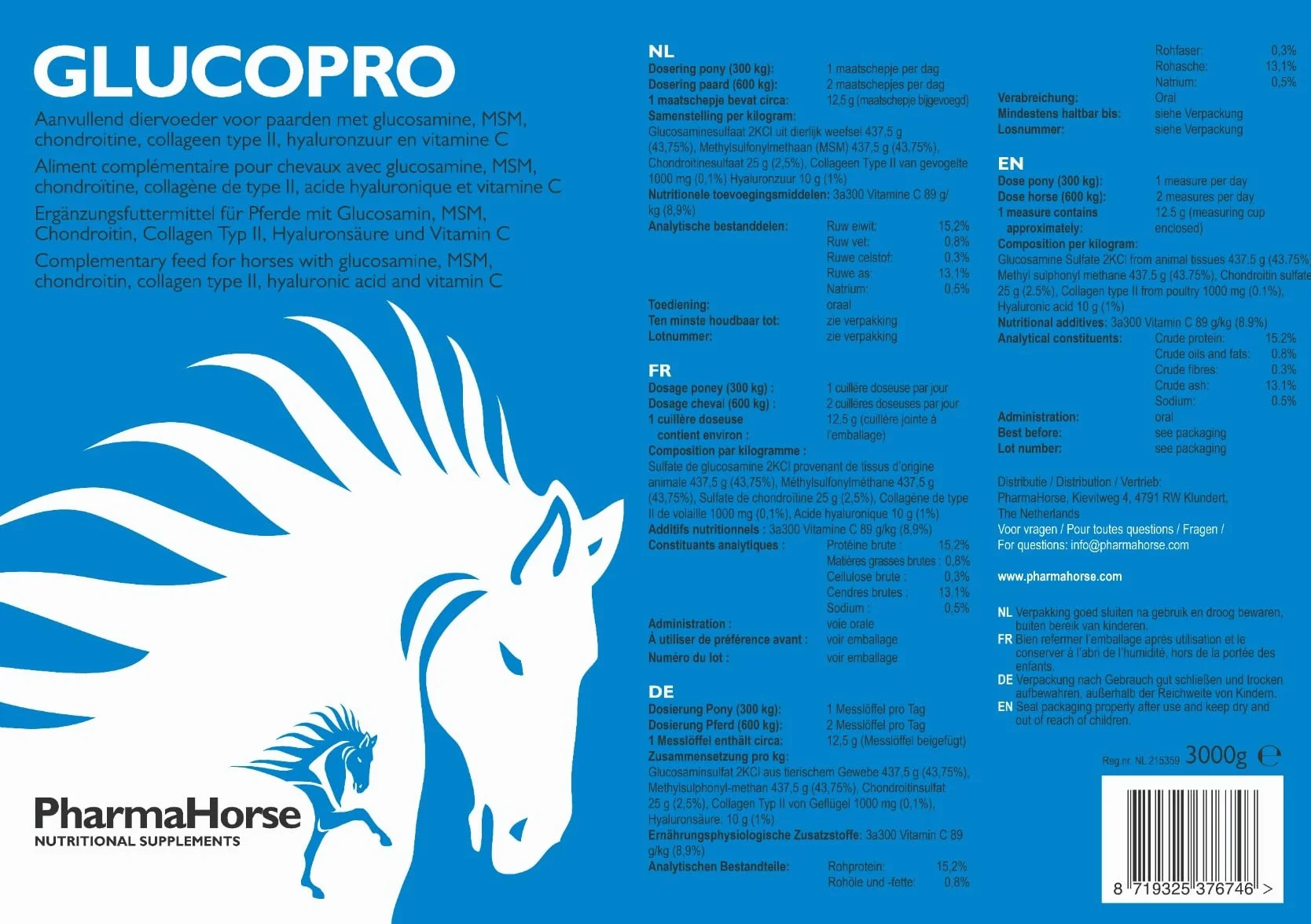 PharmaHorse Glucopro Supplément Cheval MSM Vitamine C Glucosamine Collagène 3000g