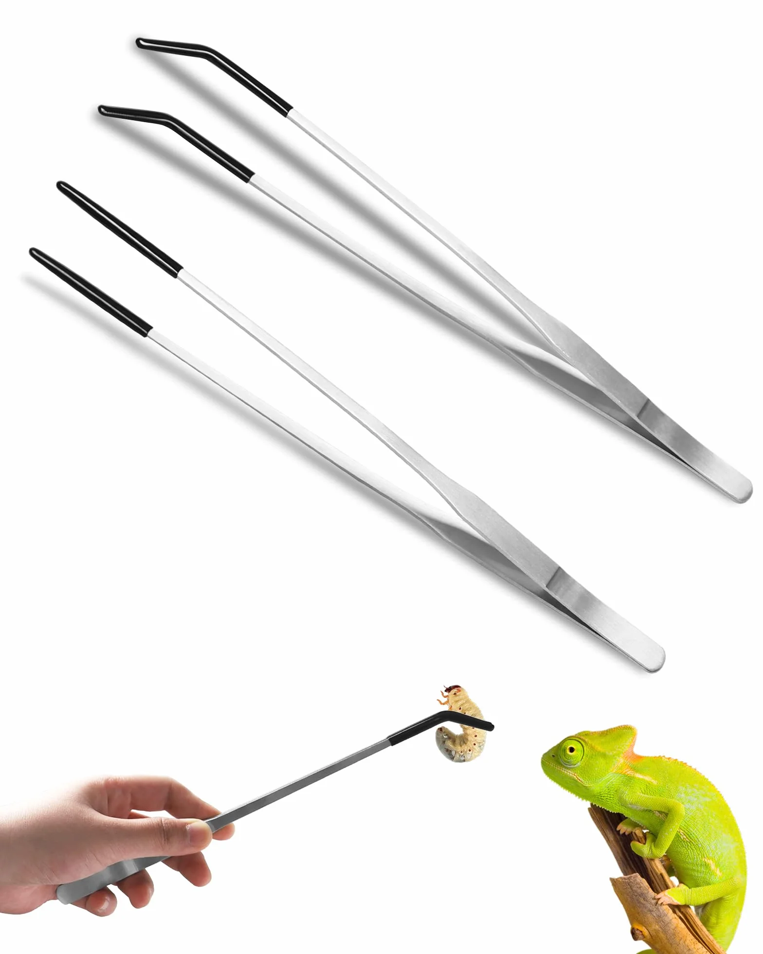 Lot de 2 Pinces pour Reptiles en Acier Inoxydable 27cm Droite et Courbée avec Embout Caoutchouc