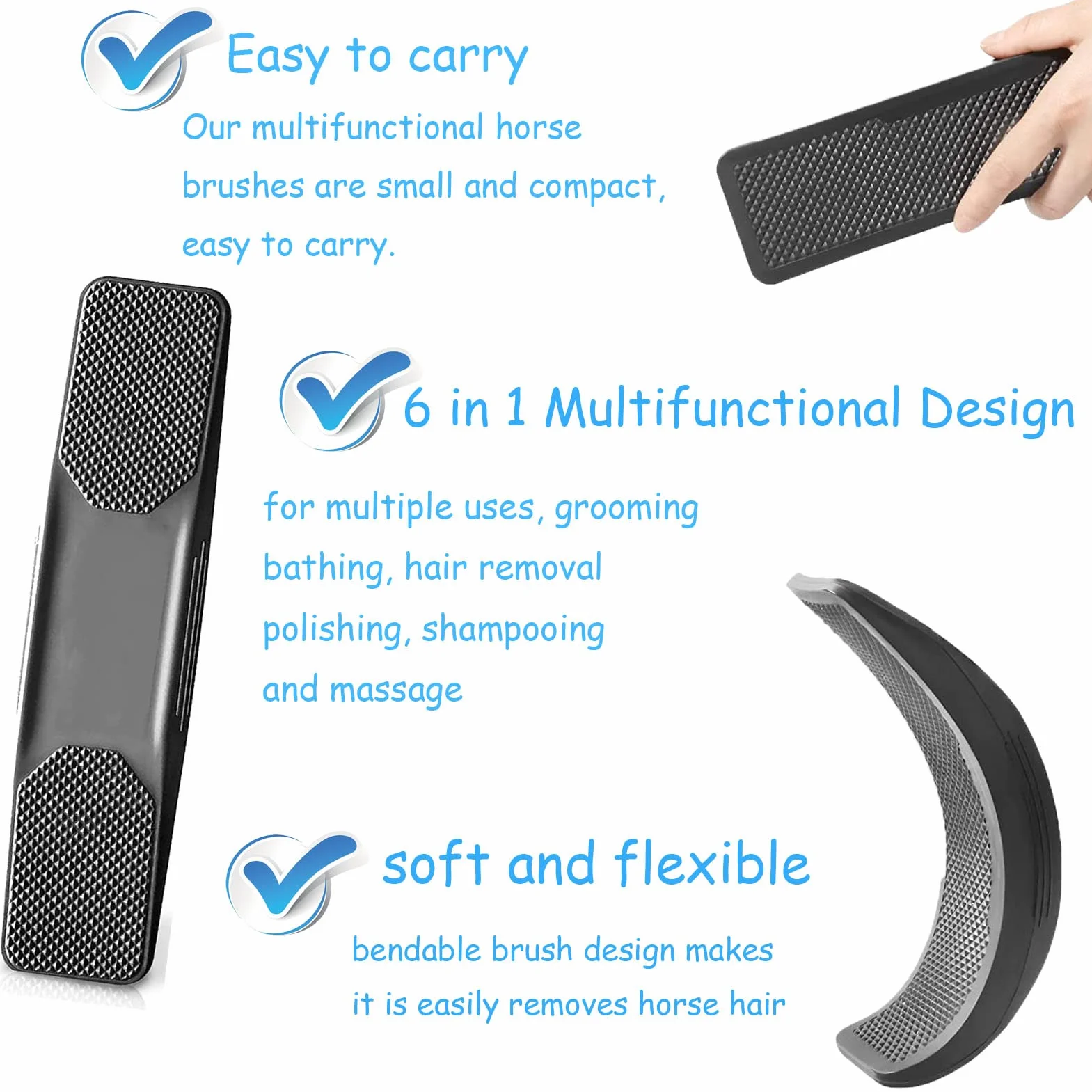 Brosse de Cheval Massage 6 en 1 Brosse pour la Mue Cheval Noir