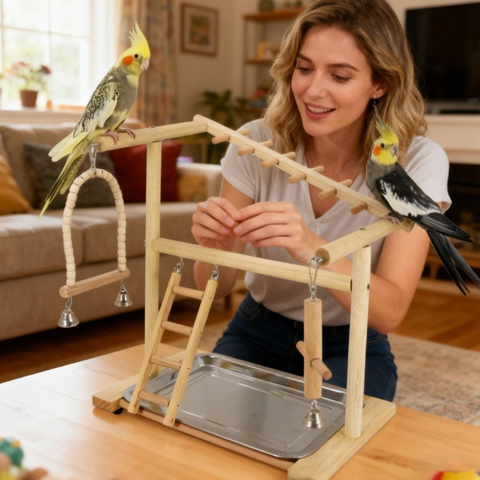 Perchoir À Oiseaux Balançoires et Échelles en Bois pour Grimper | Avec Plateau Amovible en , Coupe et Perchoir pour Calopsitte Pour Dressage, Fourrage, Maison, Intérieur et