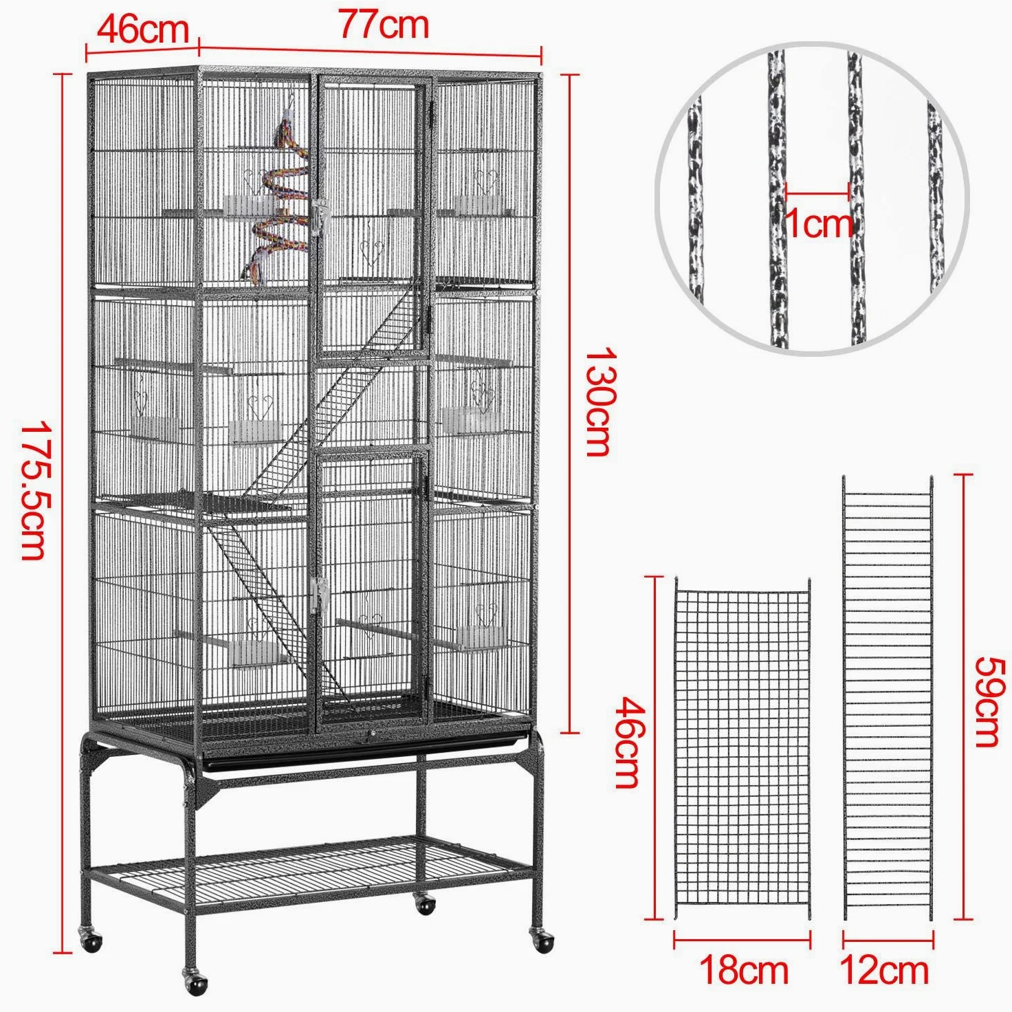 Yaheetech Grande Cage à Oiseaux, volière à 3 Niveaux, pour perruches, perroquets, calopsittes, Chinchillas, rongeurs, Rats et Rats Noir Hauteur 176 cm