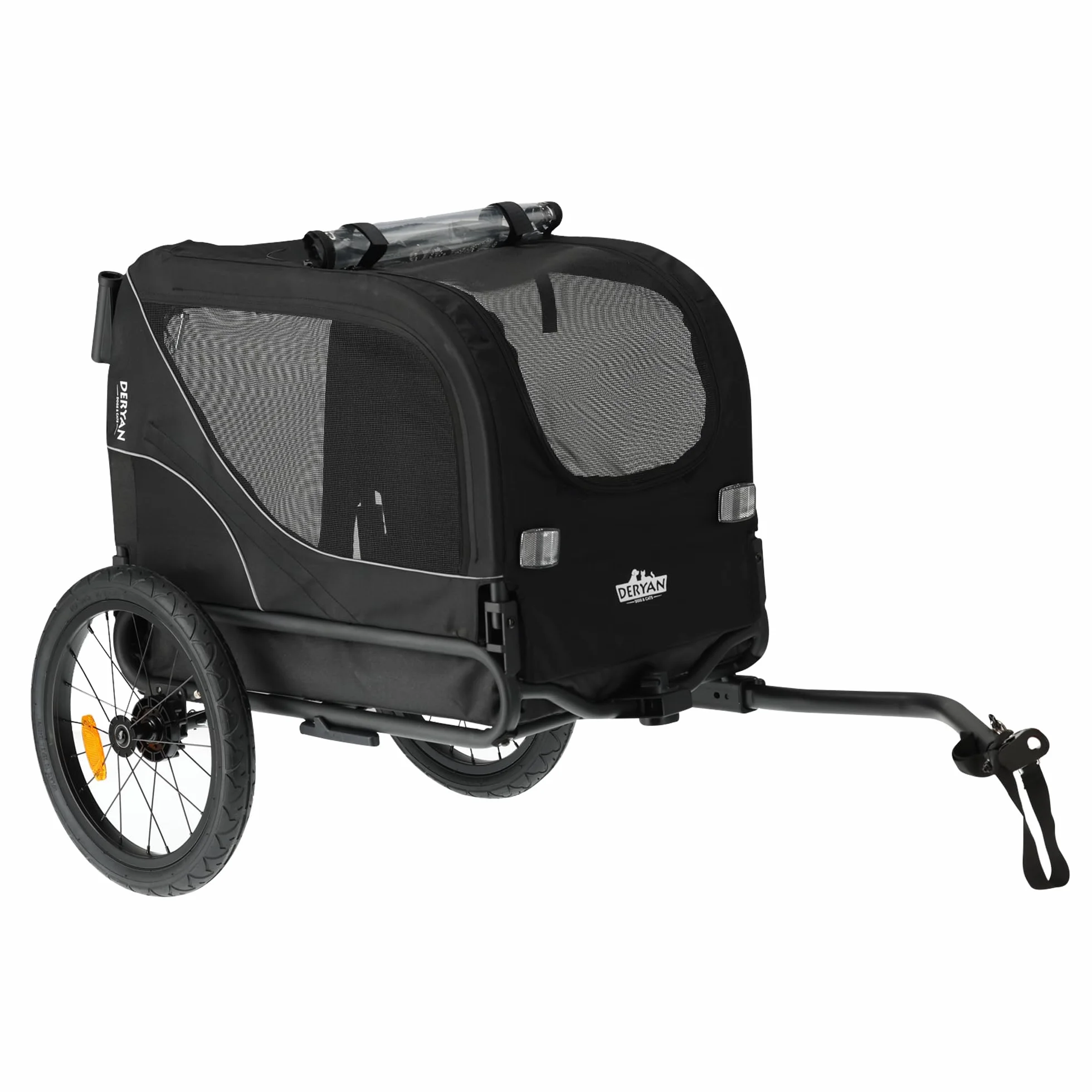 Deryan Remorque Velo Chien 3 en 1 Pliable avec Reflecteurs, Charge Maximale 20 kg, Noir