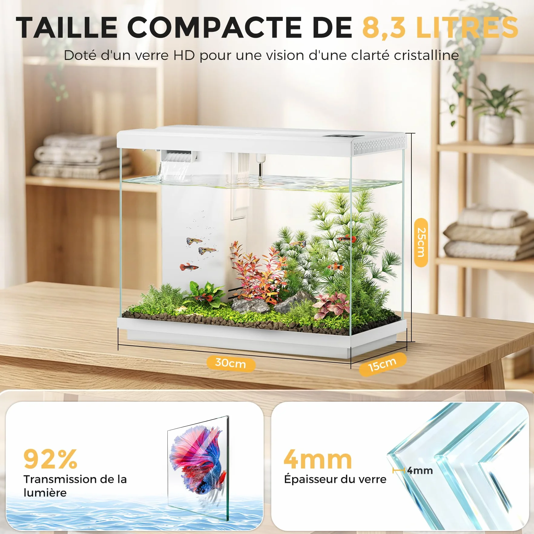 Petit Aquarium 8,3 L pour Combattant avec Filtre 4 en 1 et Pompe silencieuse, éclairage LED 8 Couleurs réglable