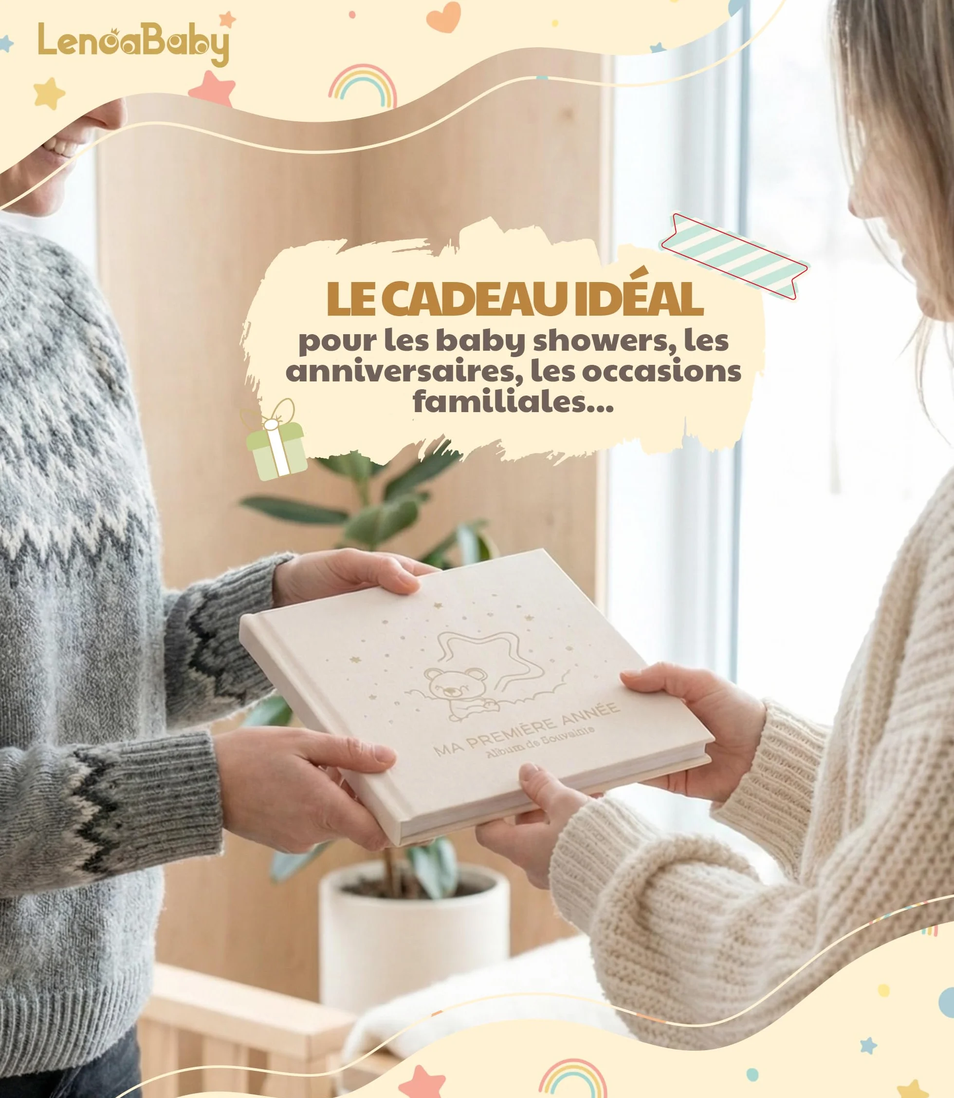 Livre de Naissance Bébé Ma Première Année avec Couverture en Lin 75 Pages Autocollants Album Photo Cadeau
