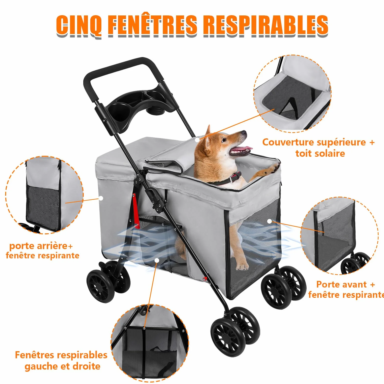 OHMG Poussette pliable animaux chien chat 2 en 1,chariot pour chien,nacelle amovible bandoulières 4 roues avec frein tissu 600D Oxford,Charge 20 kg