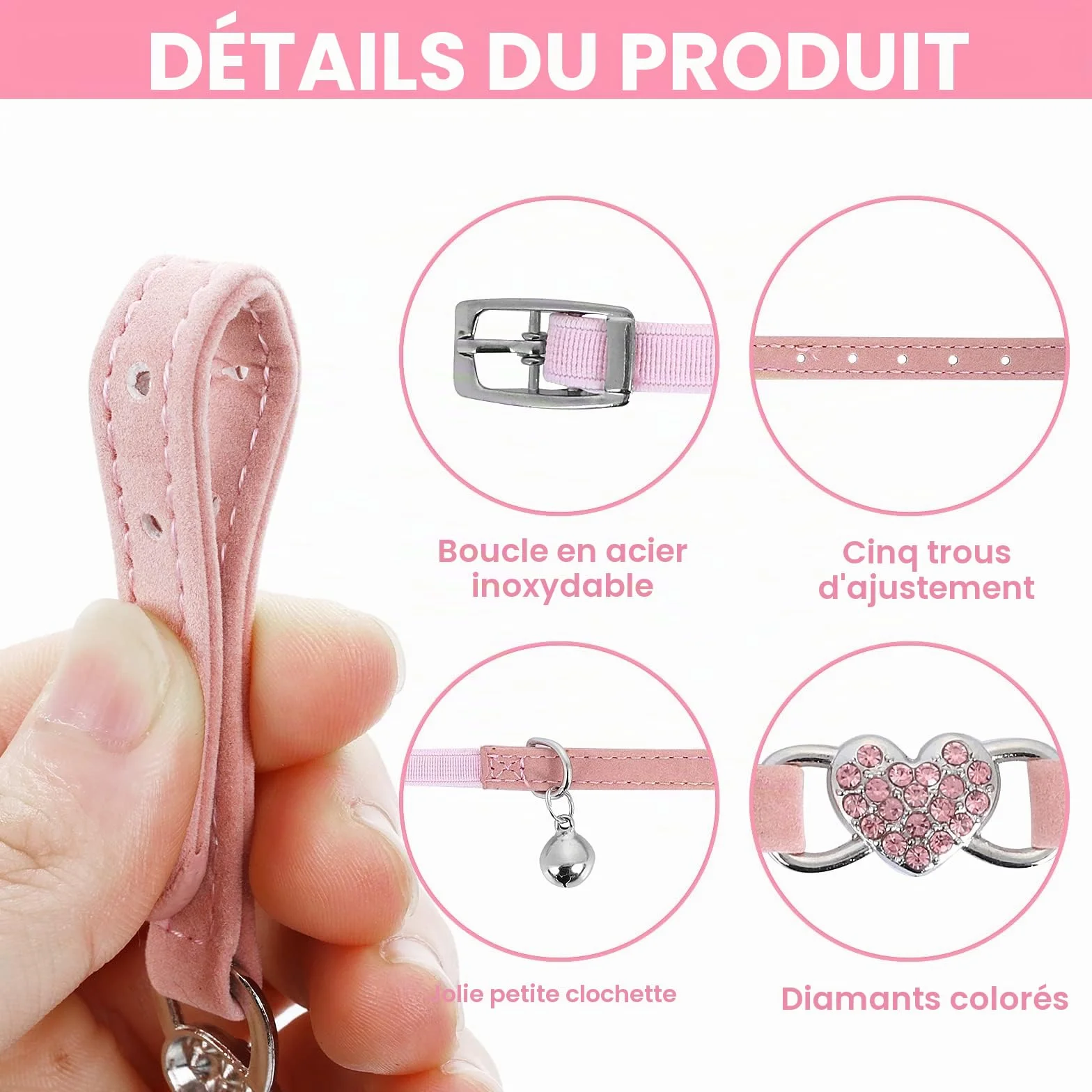 Collier de chat en forme de cœur avec clochette réglable, collier strass pour petit chien chat rose